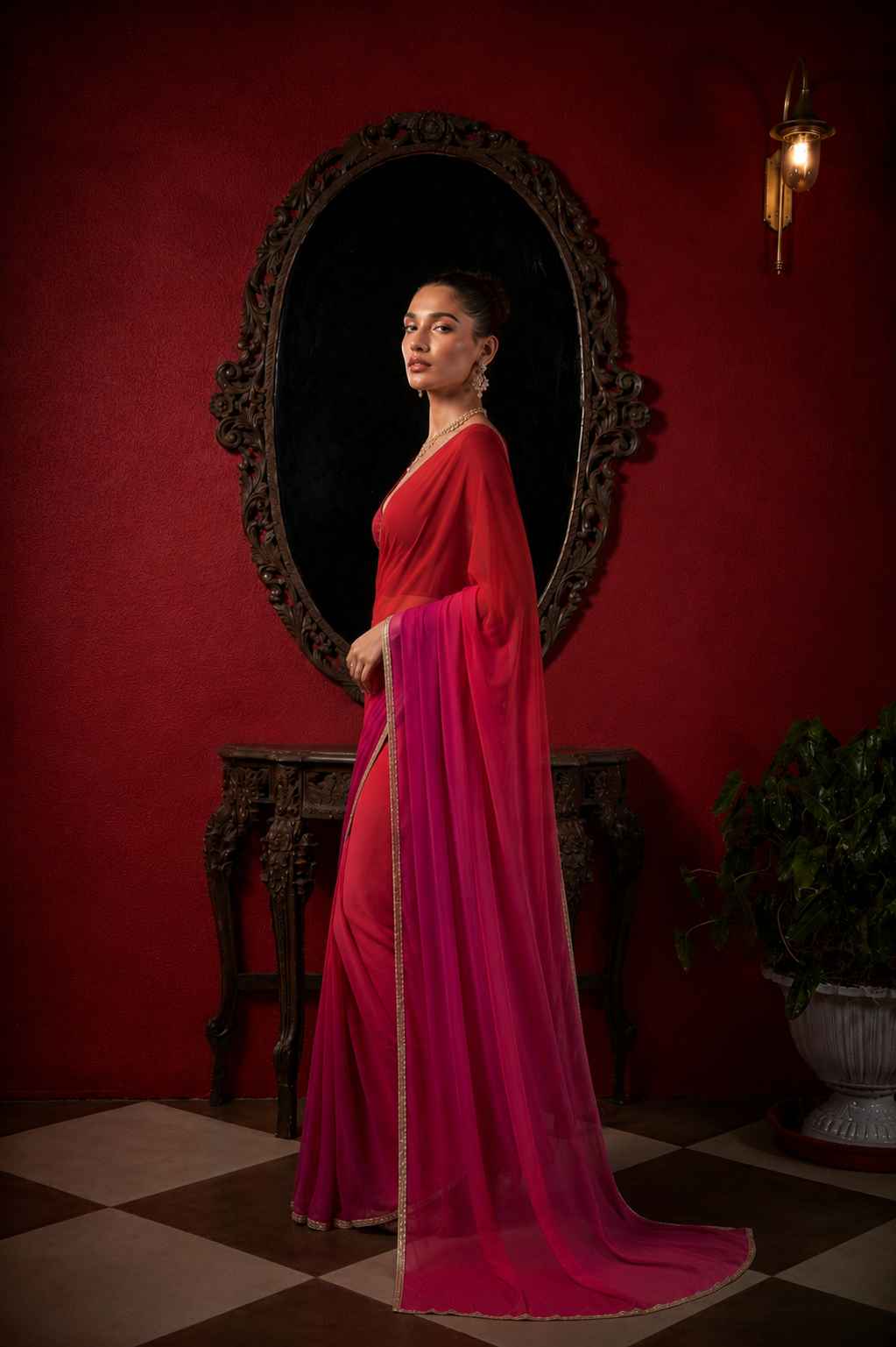 Magenta & Red shaded sari set