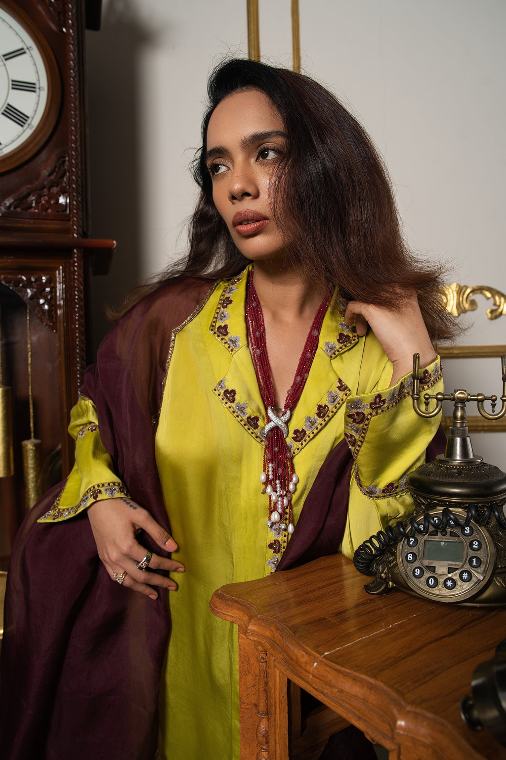 Lime green silk kaftan tunic set.