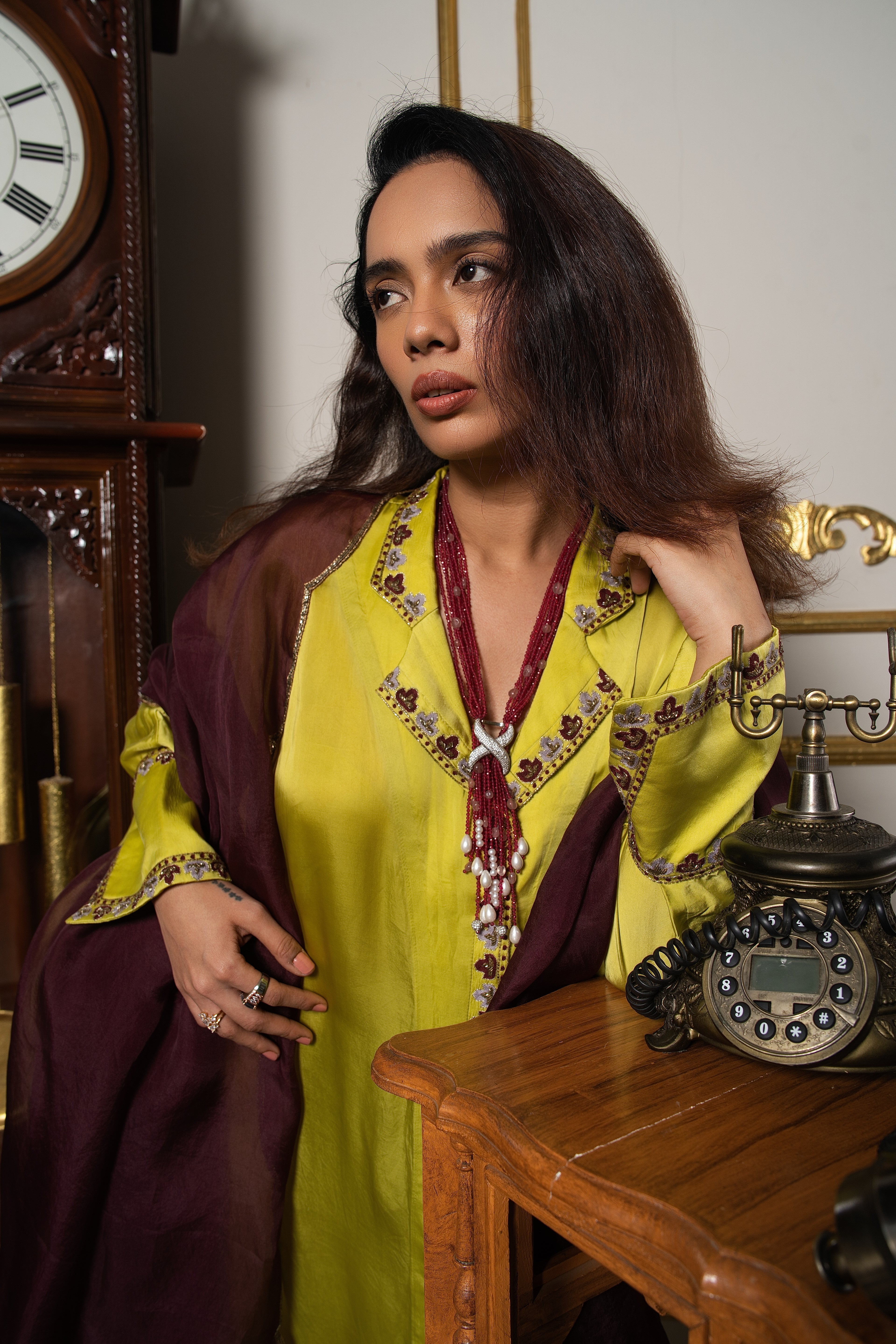 Lime green silk kaftan tunic set.