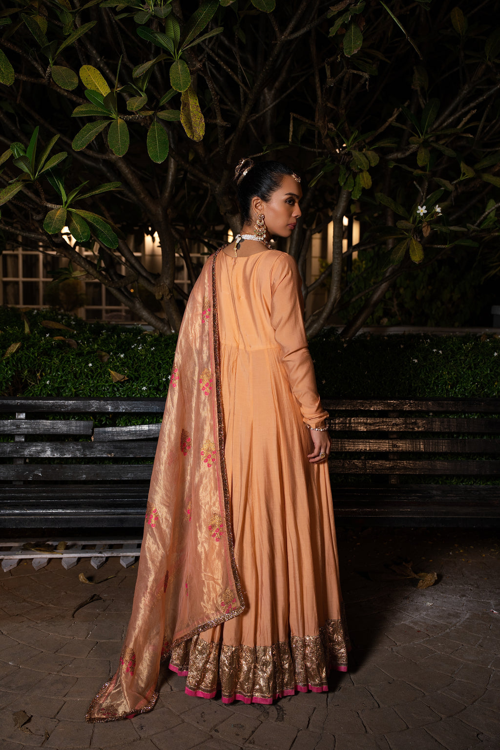 Peach silk anarkali set.