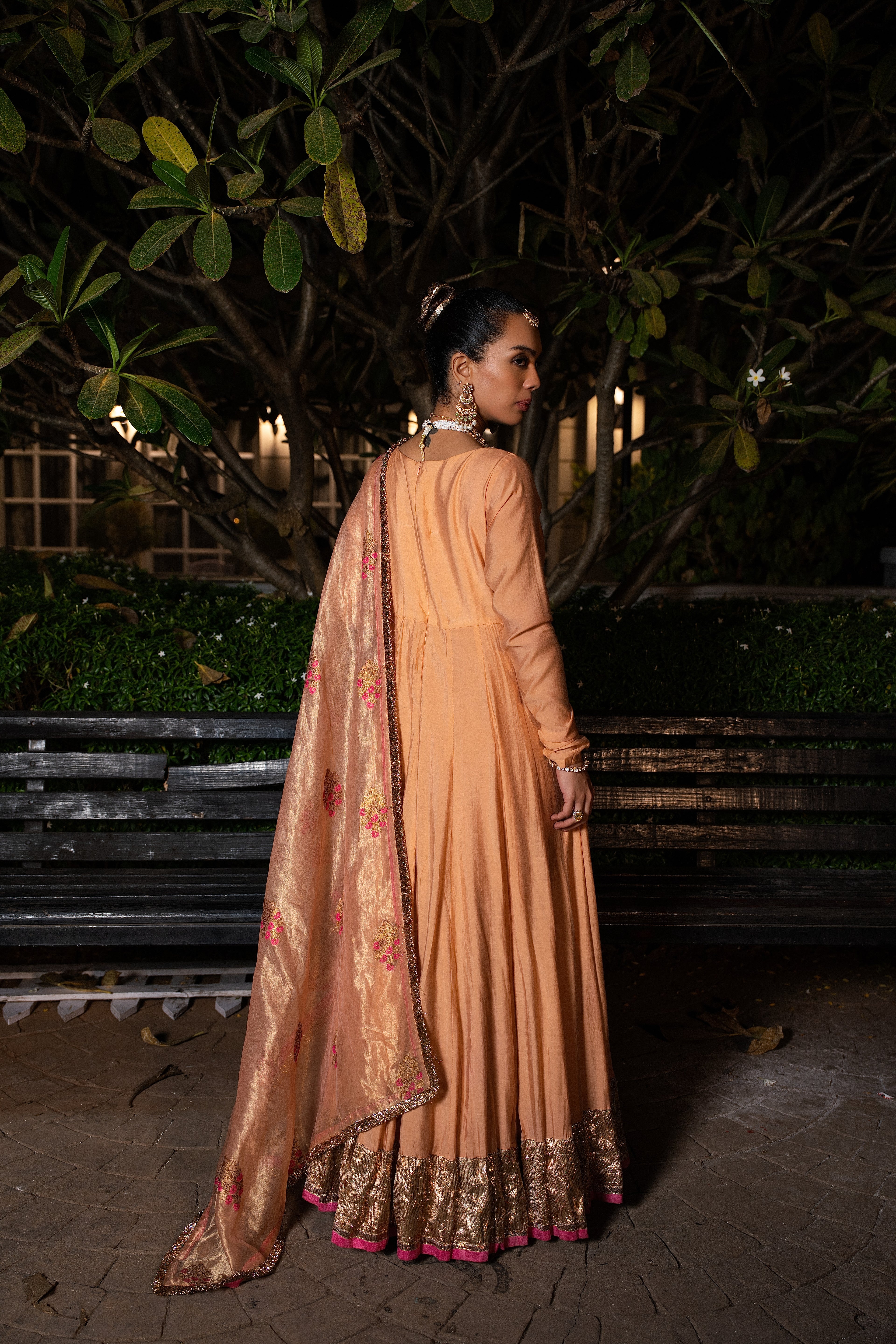 Peach silk anarkali set.
