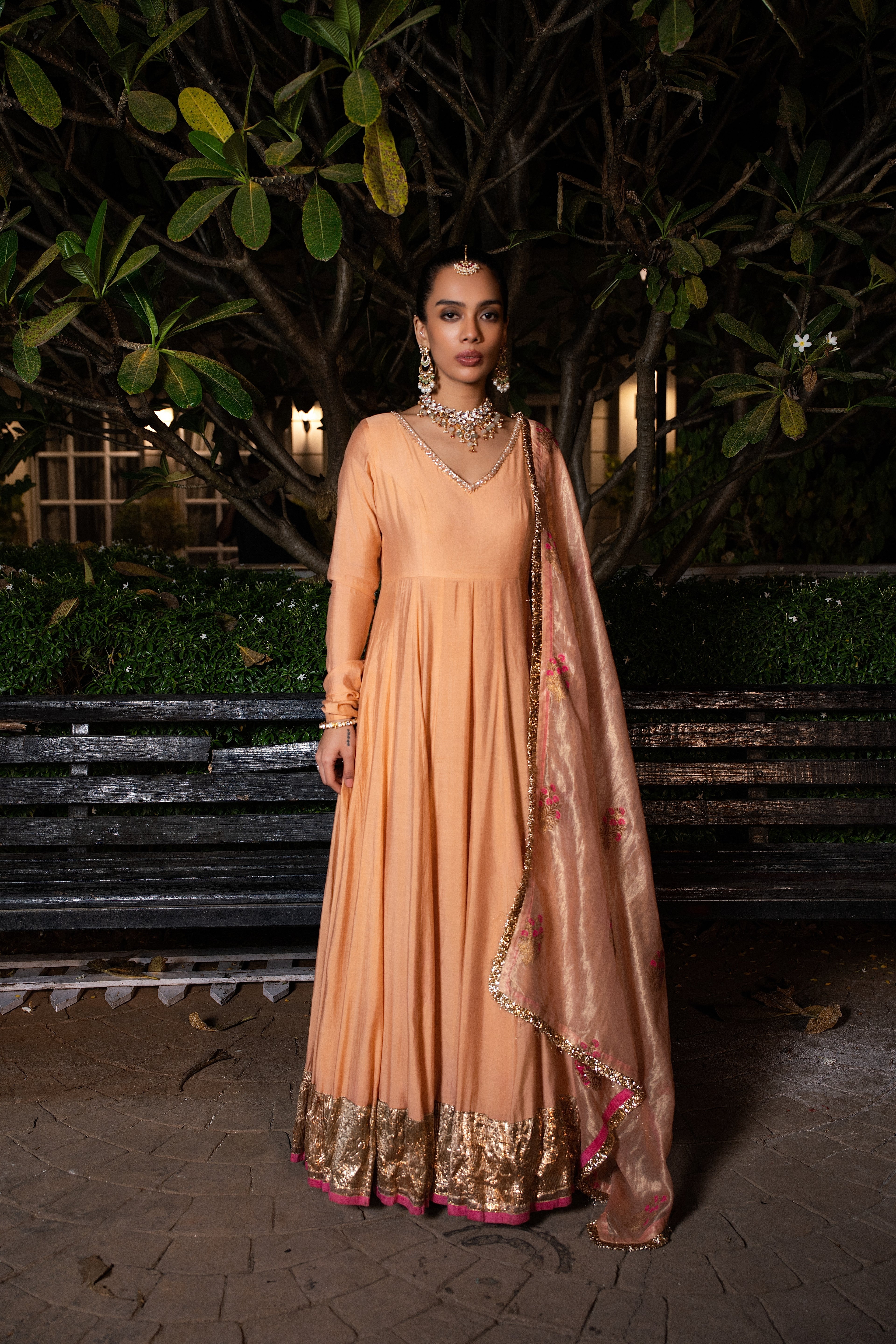 Peach silk anarkali set.