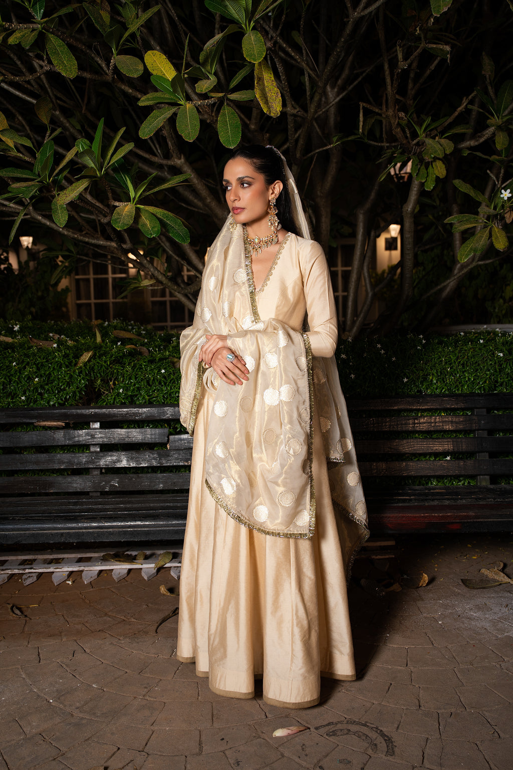 Coconut & gold silk anarkali set.