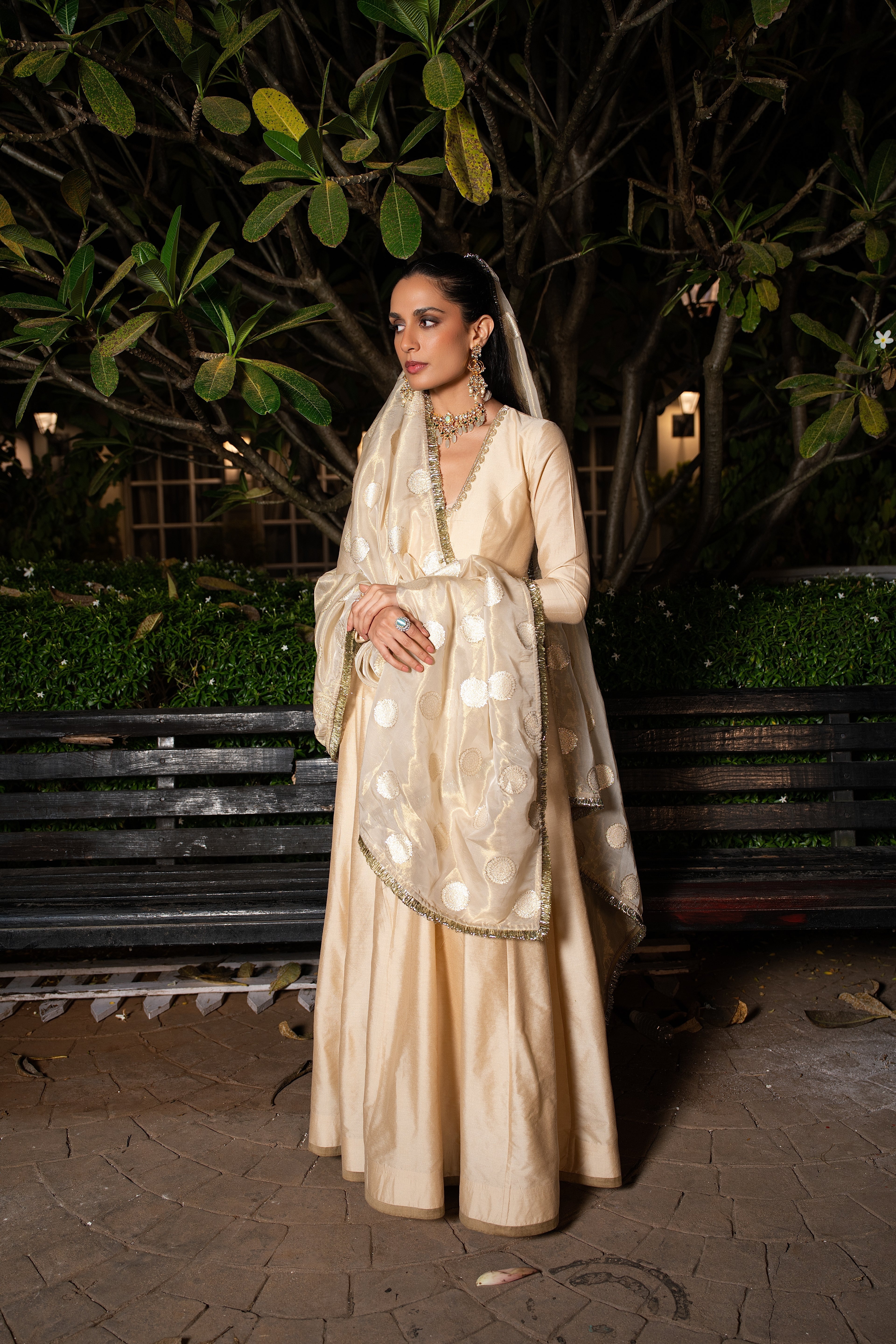 Coconut & gold silk anarkali set.