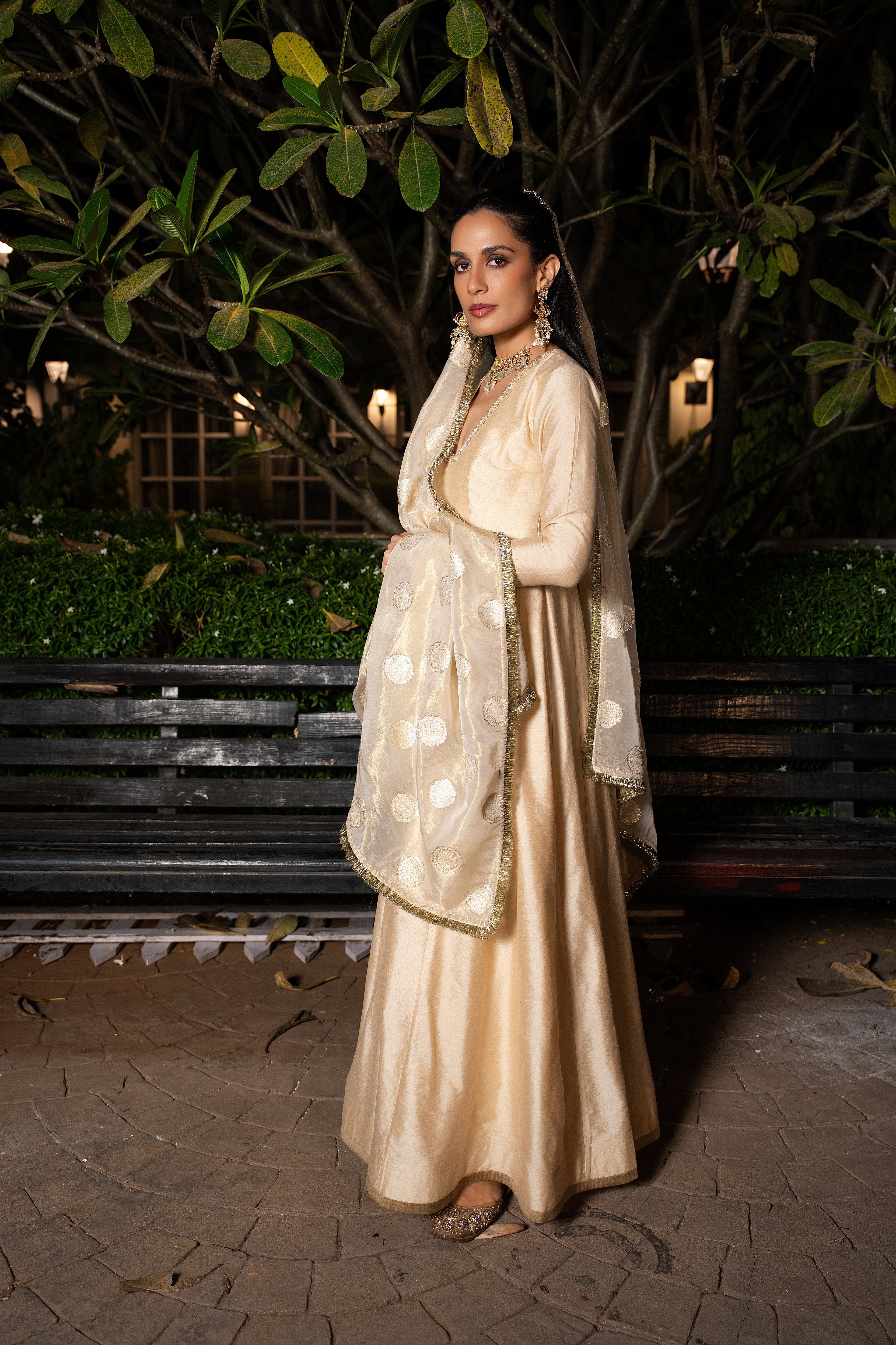 Coconut & gold silk anarkali set.