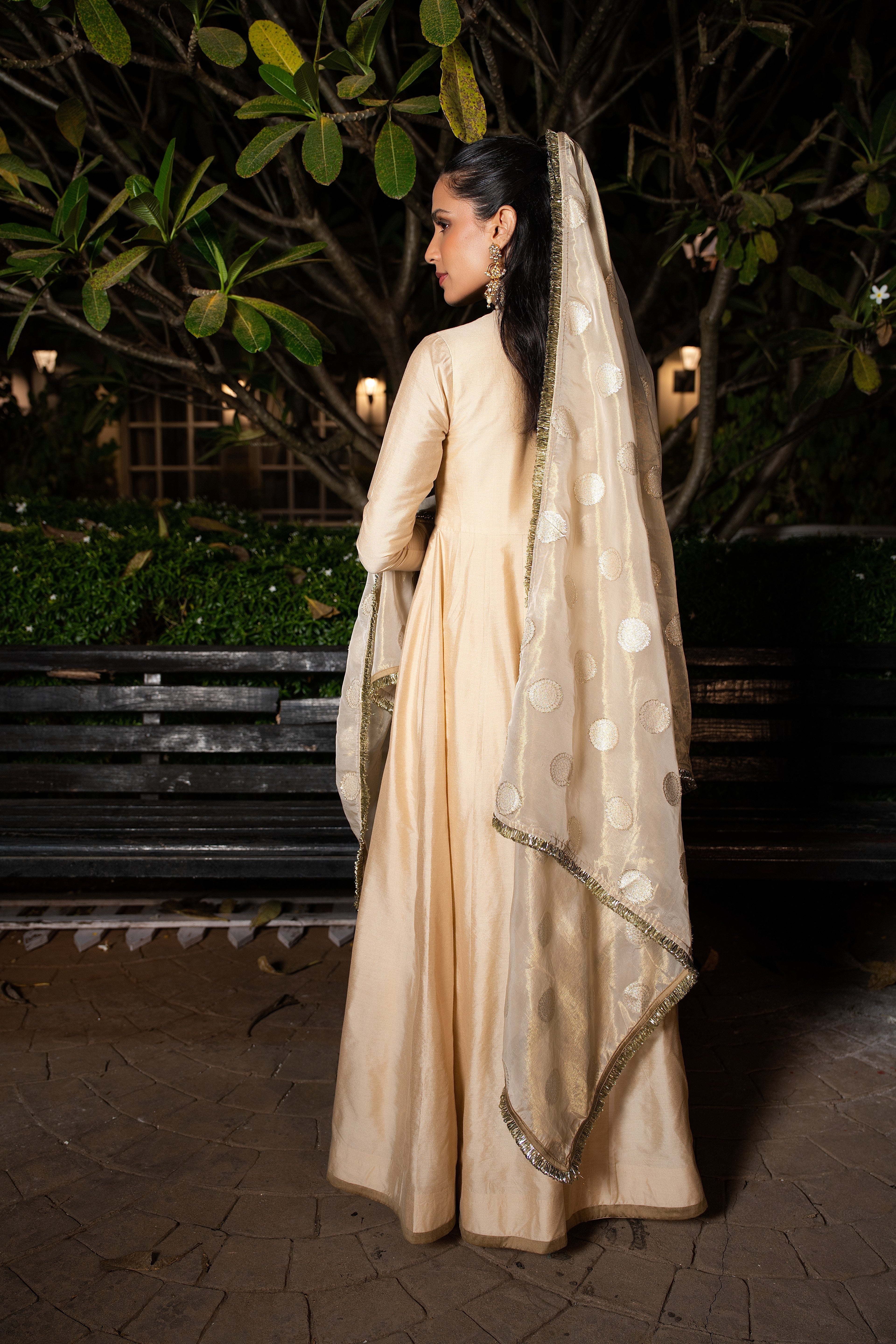 Coconut & gold silk anarkali set.