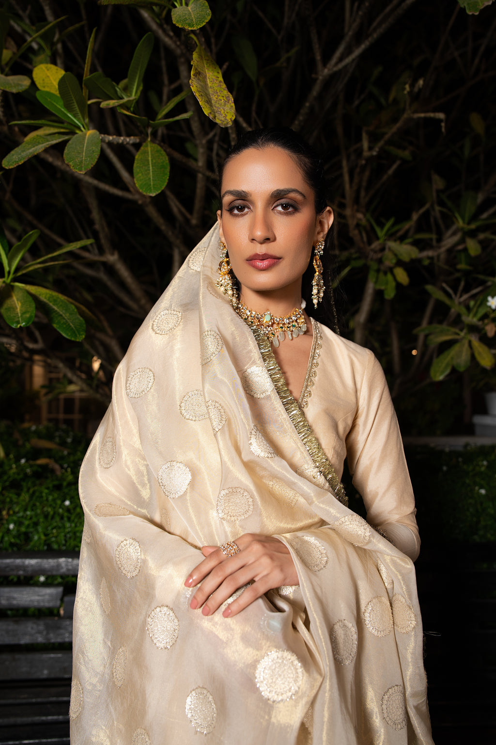 Coconut & gold silk anarkali set.