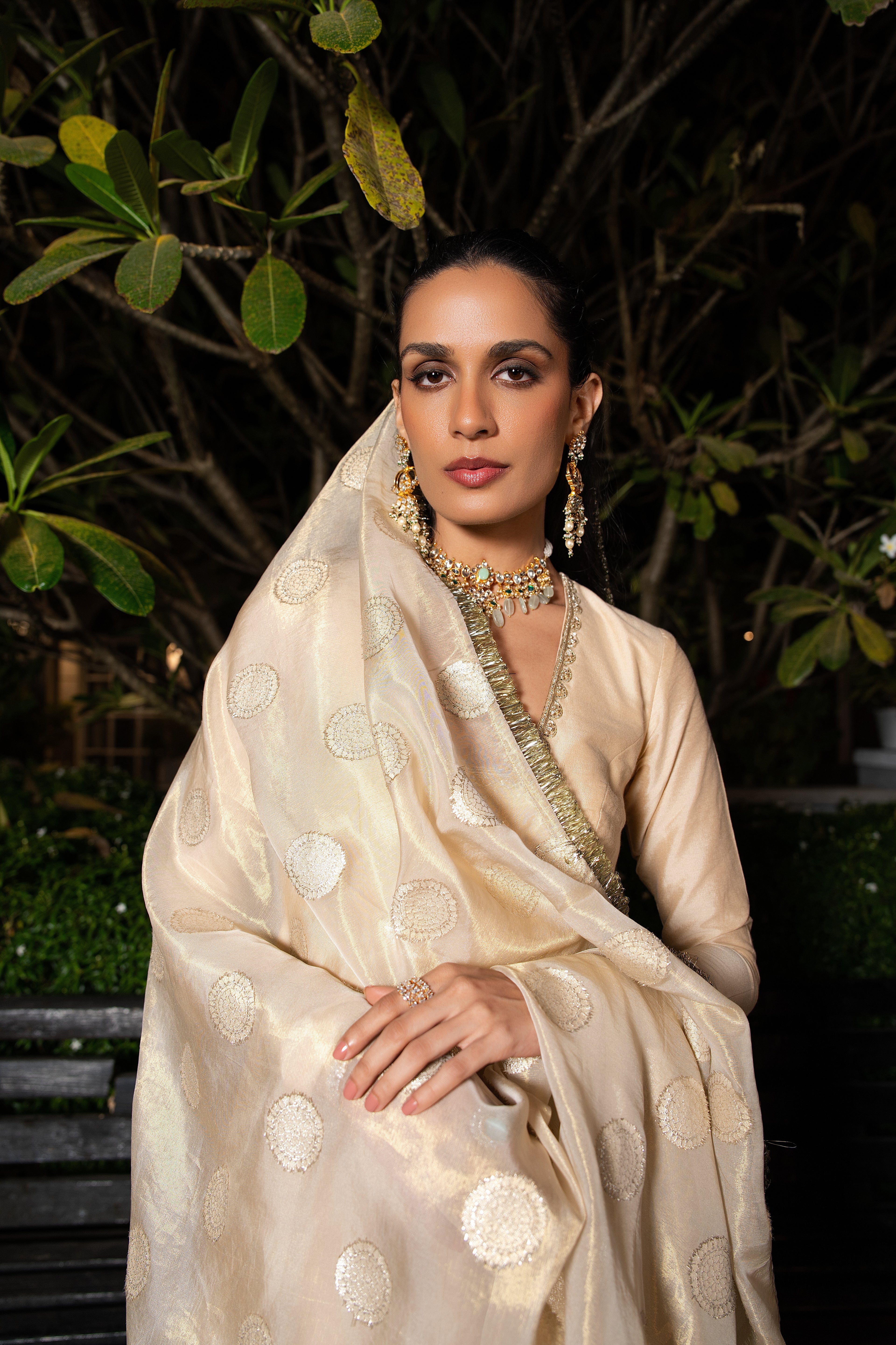 Coconut & gold silk anarkali set.
