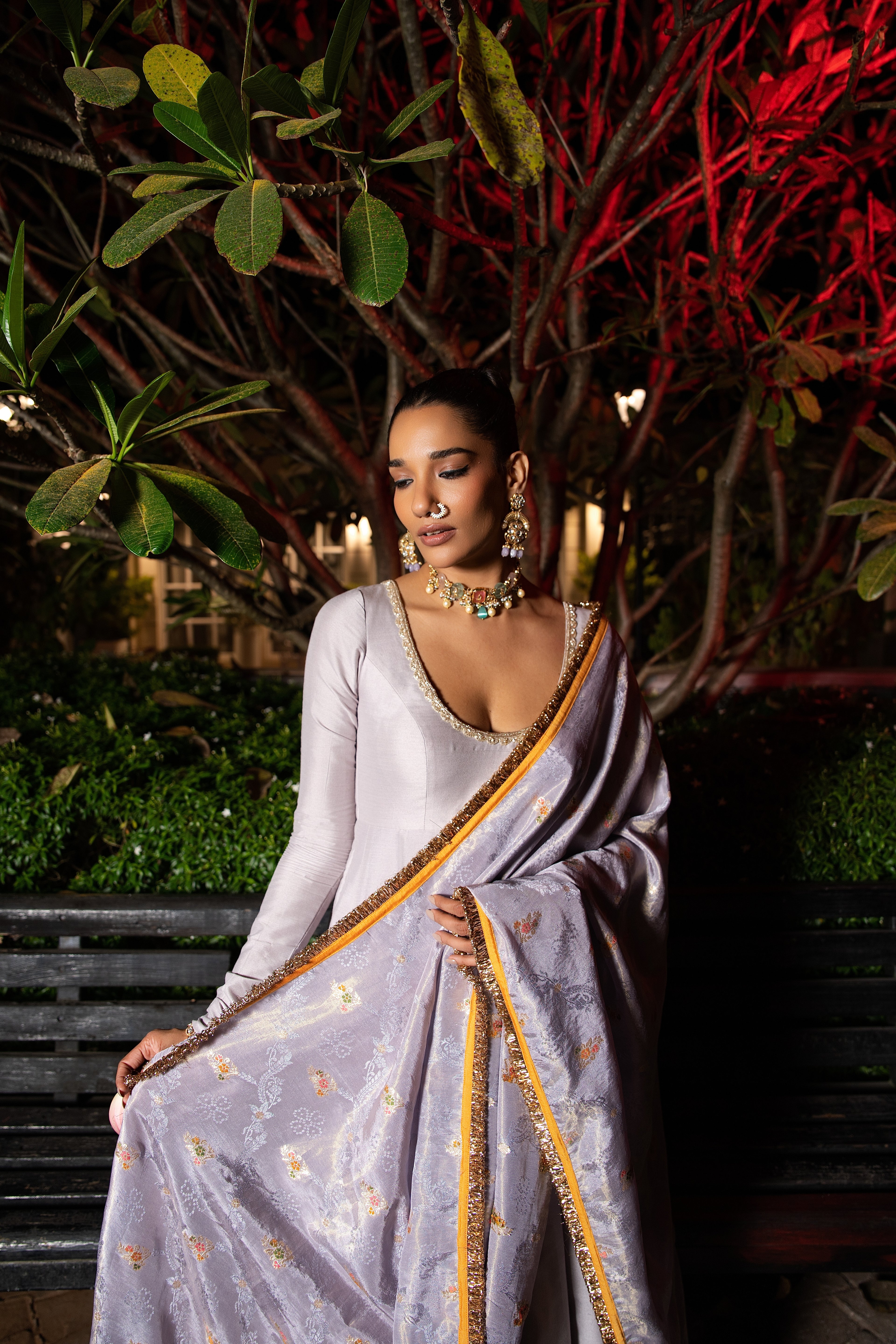 Lavender  silk anarkali set.