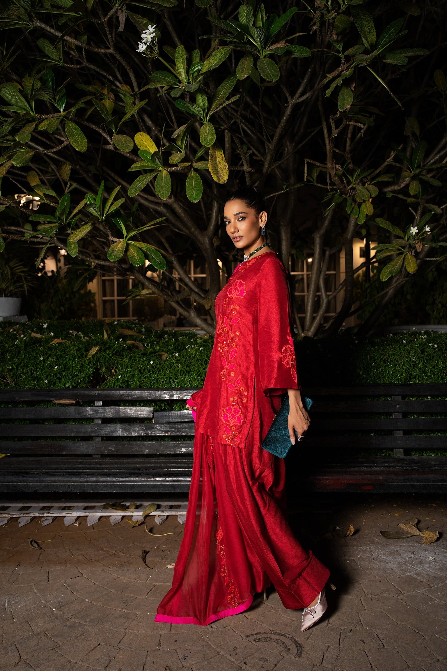 Scarlet Red patchwork embriodered  short kurta set