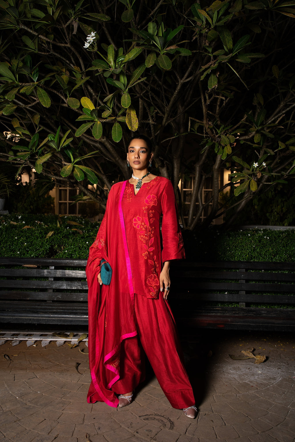 Scarlet Red patchwork embriodered  short kurta set