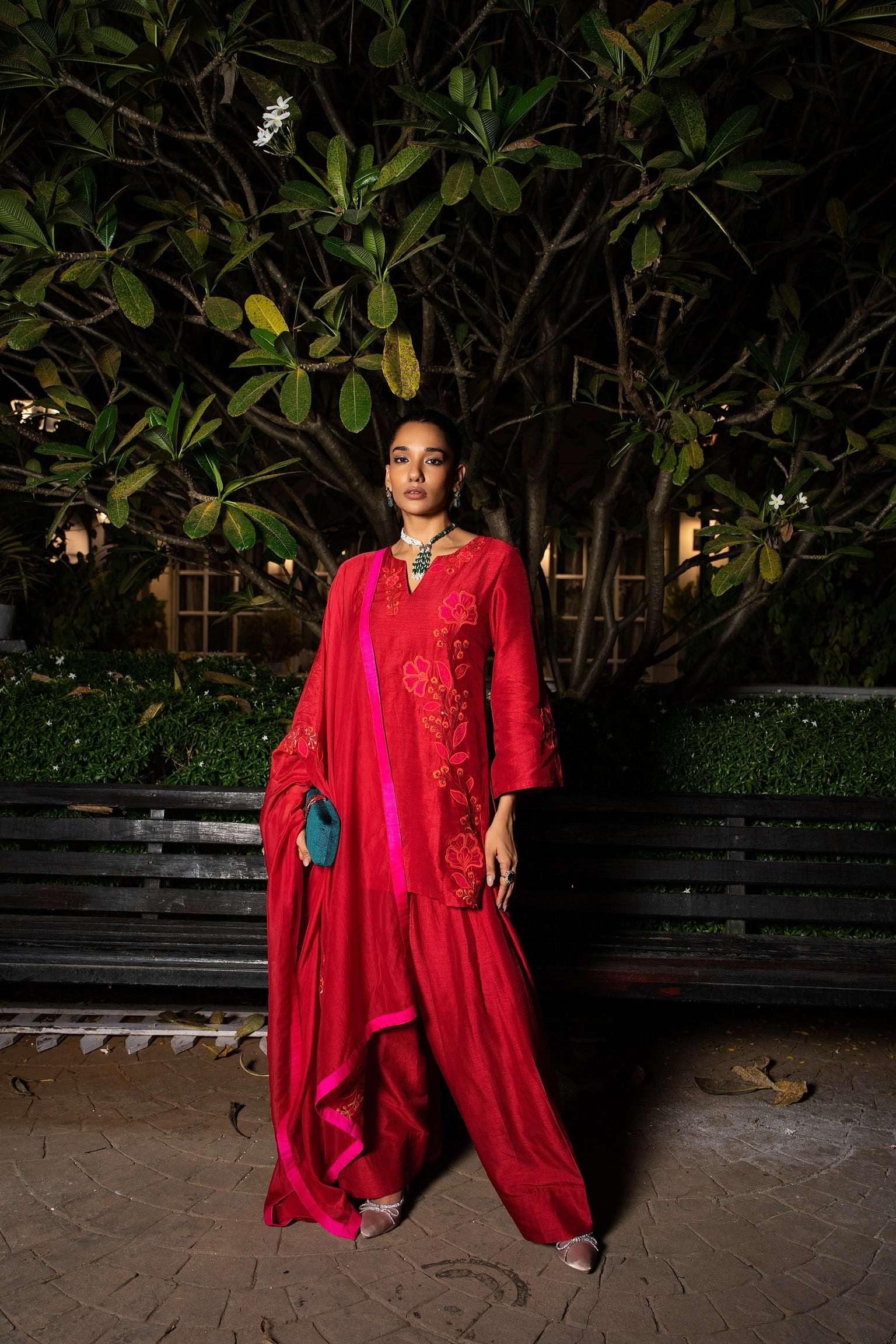 Scarlet Red patchwork embriodered  short kurta set