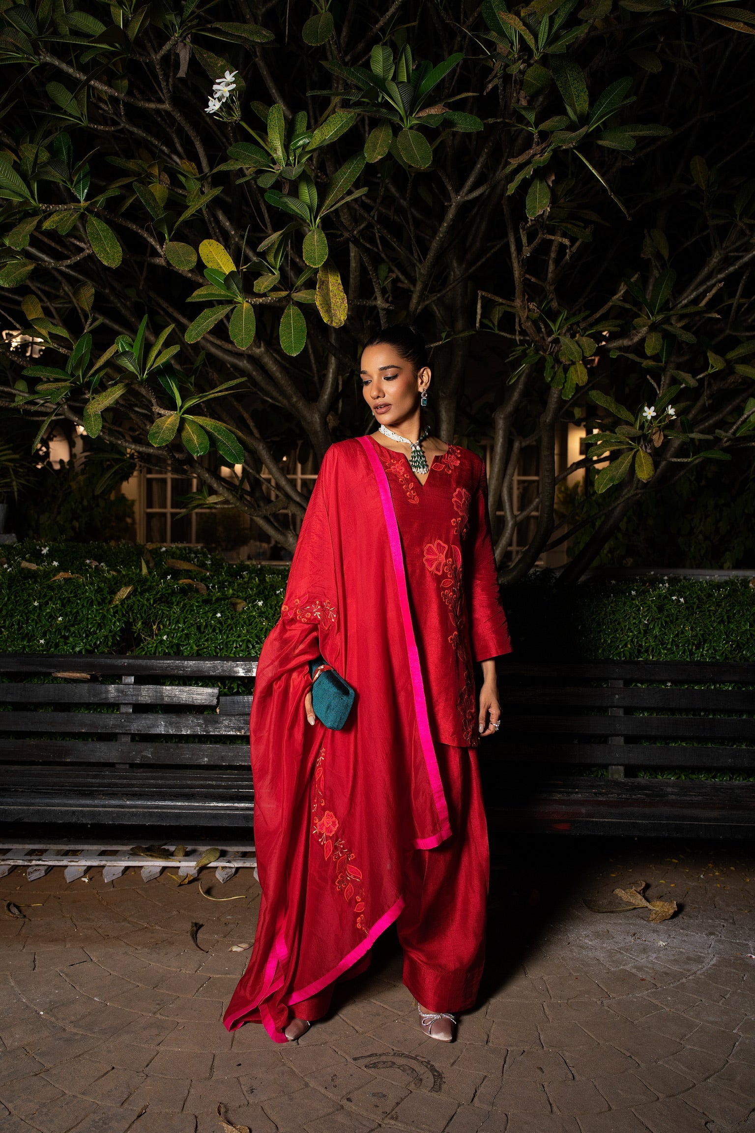 Scarlet Red patchwork embriodered  short kurta set