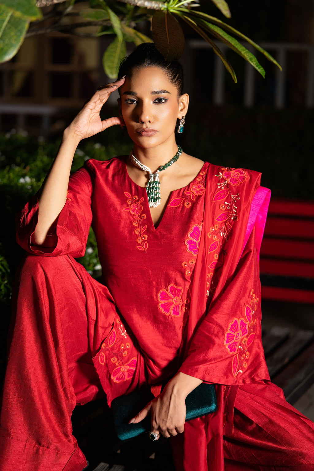 Scarlet Red patchwork embriodered  short kurta set