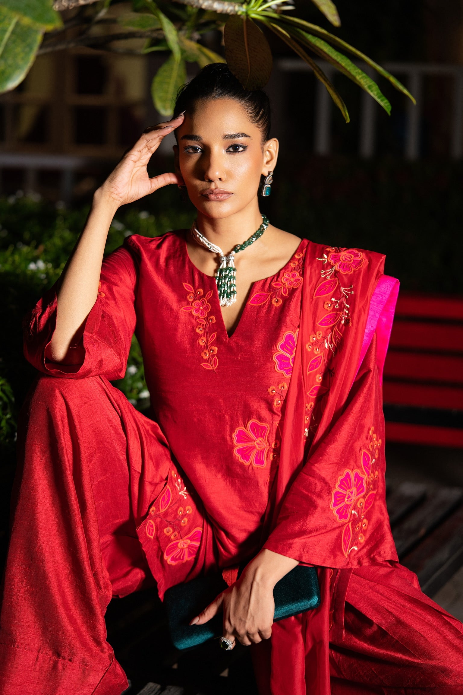 Scarlet Red patchwork embriodered  short kurta set