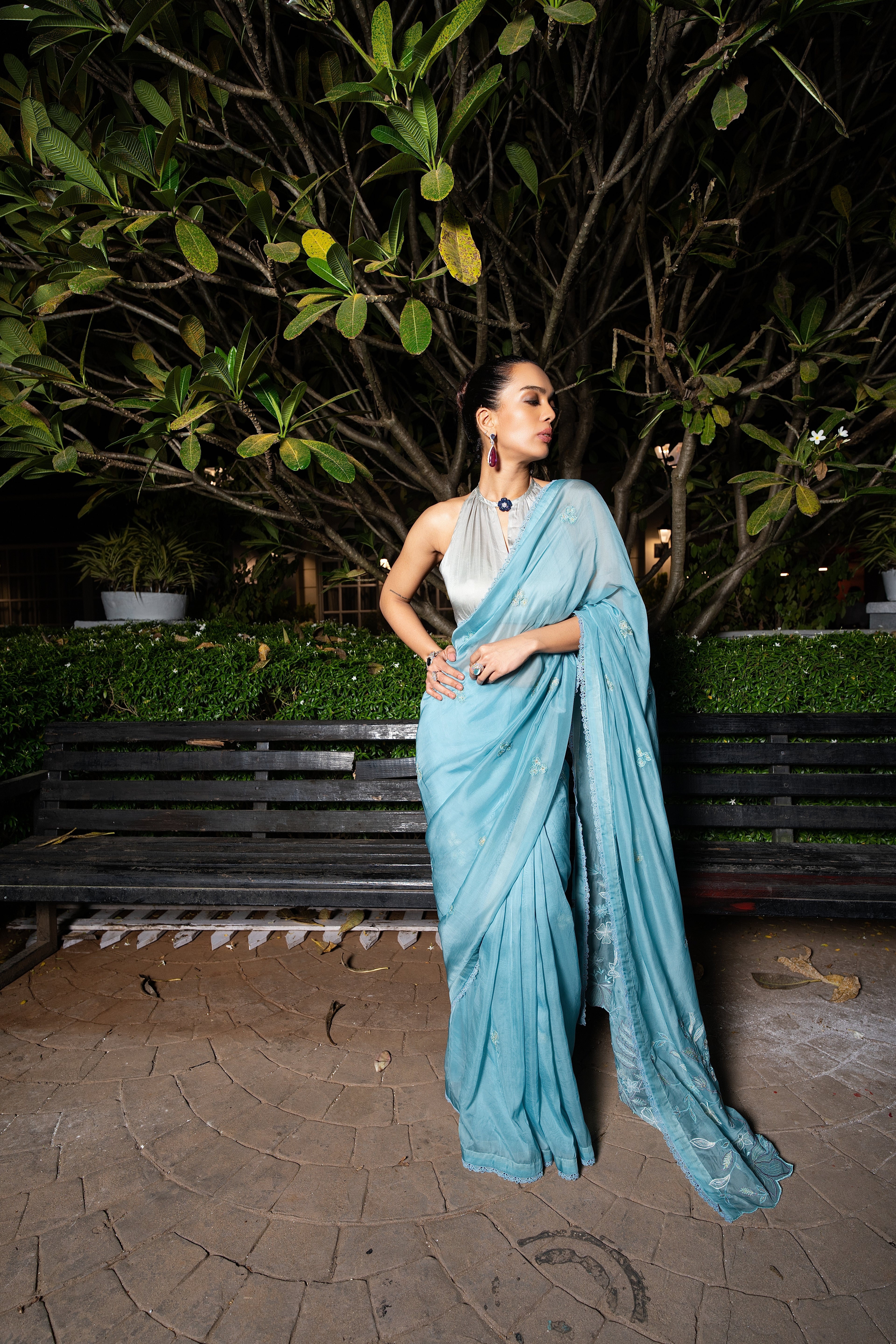 Silvery Sage embriodered organza sari set.