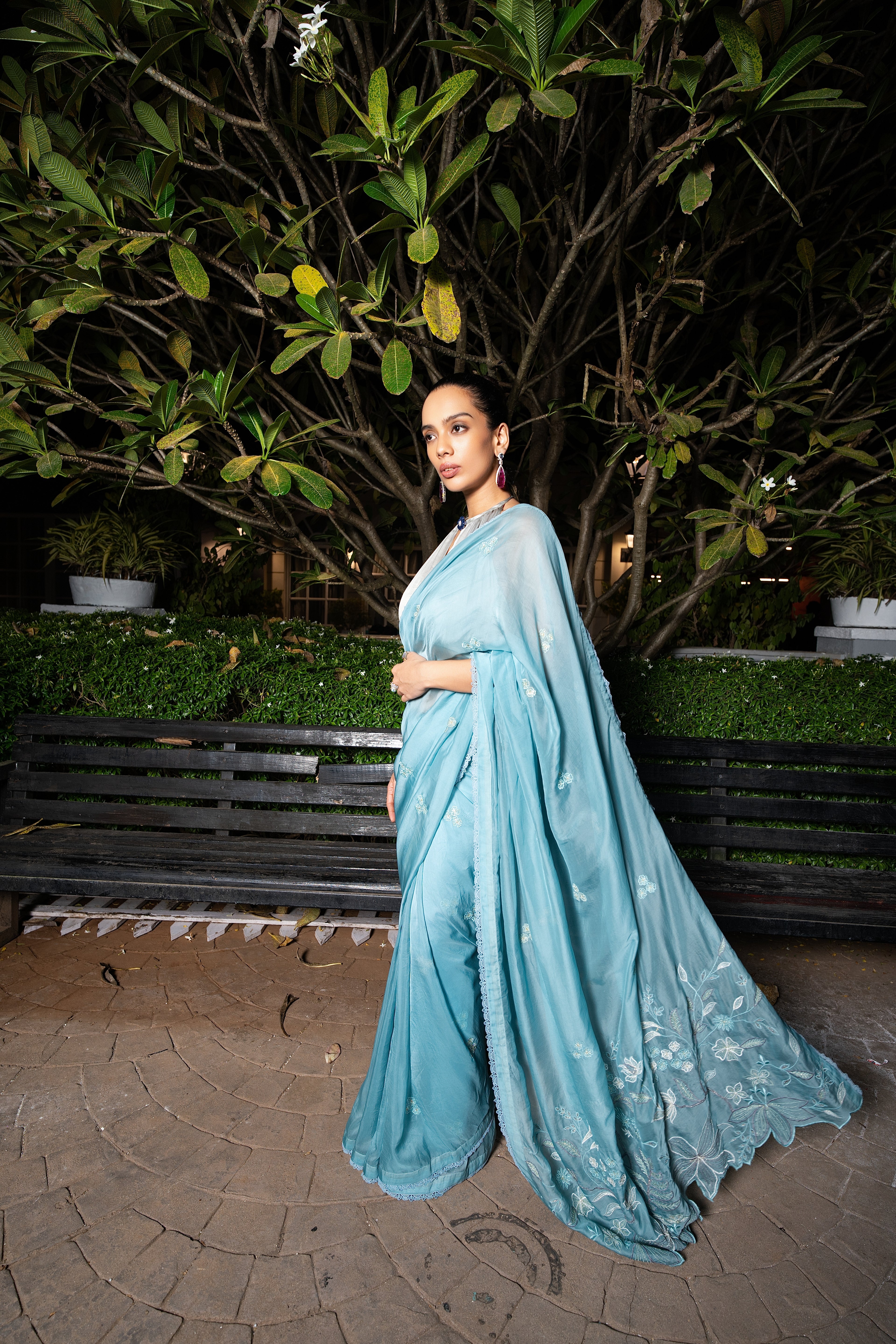 Silvery Sage embriodered organza sari set.