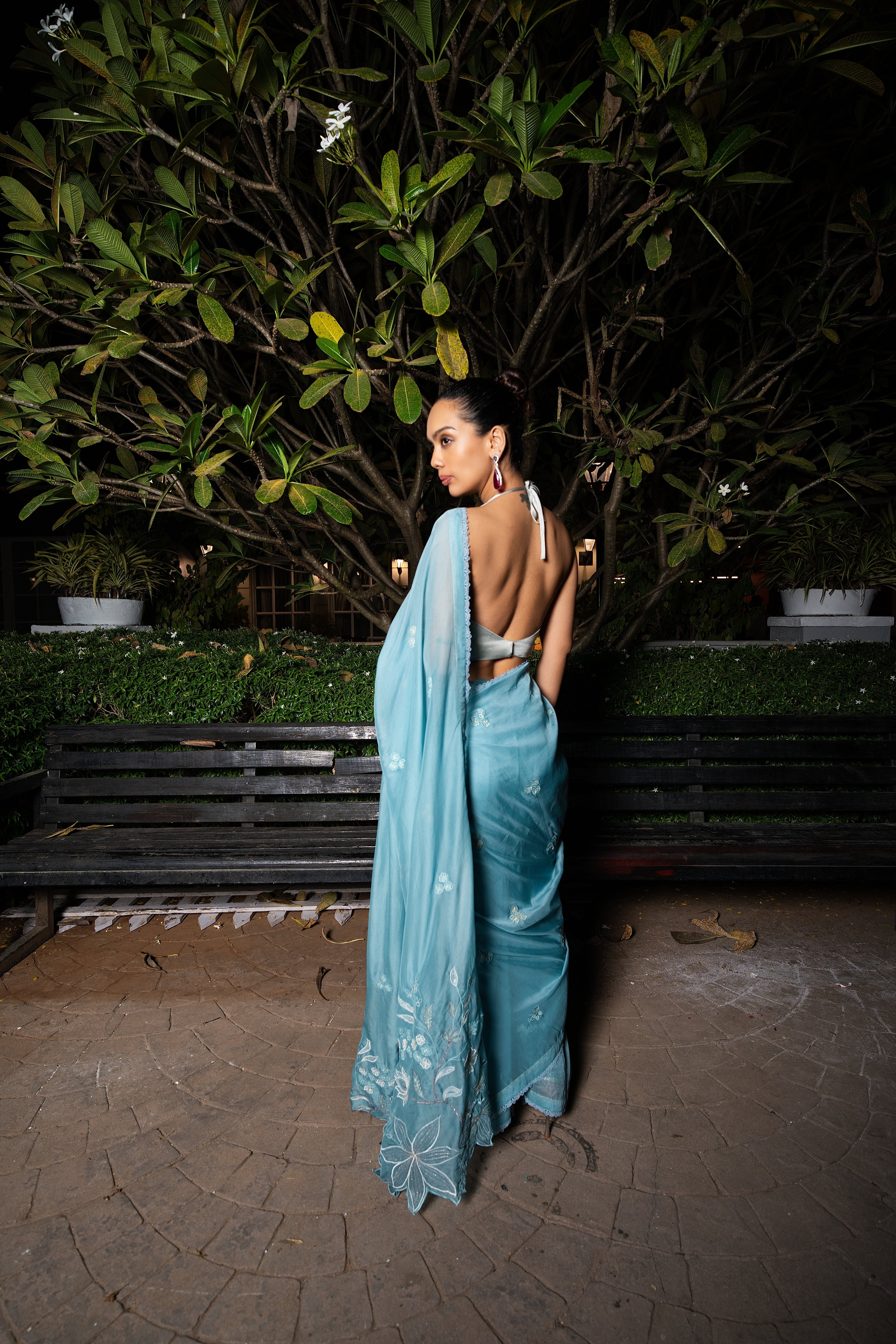 Silvery Sage embriodered organza sari set.