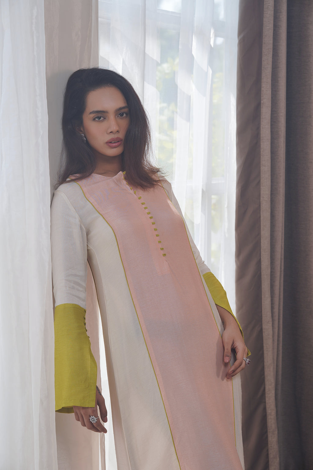 Colour block Tunic ( peach , ivory ,lime)