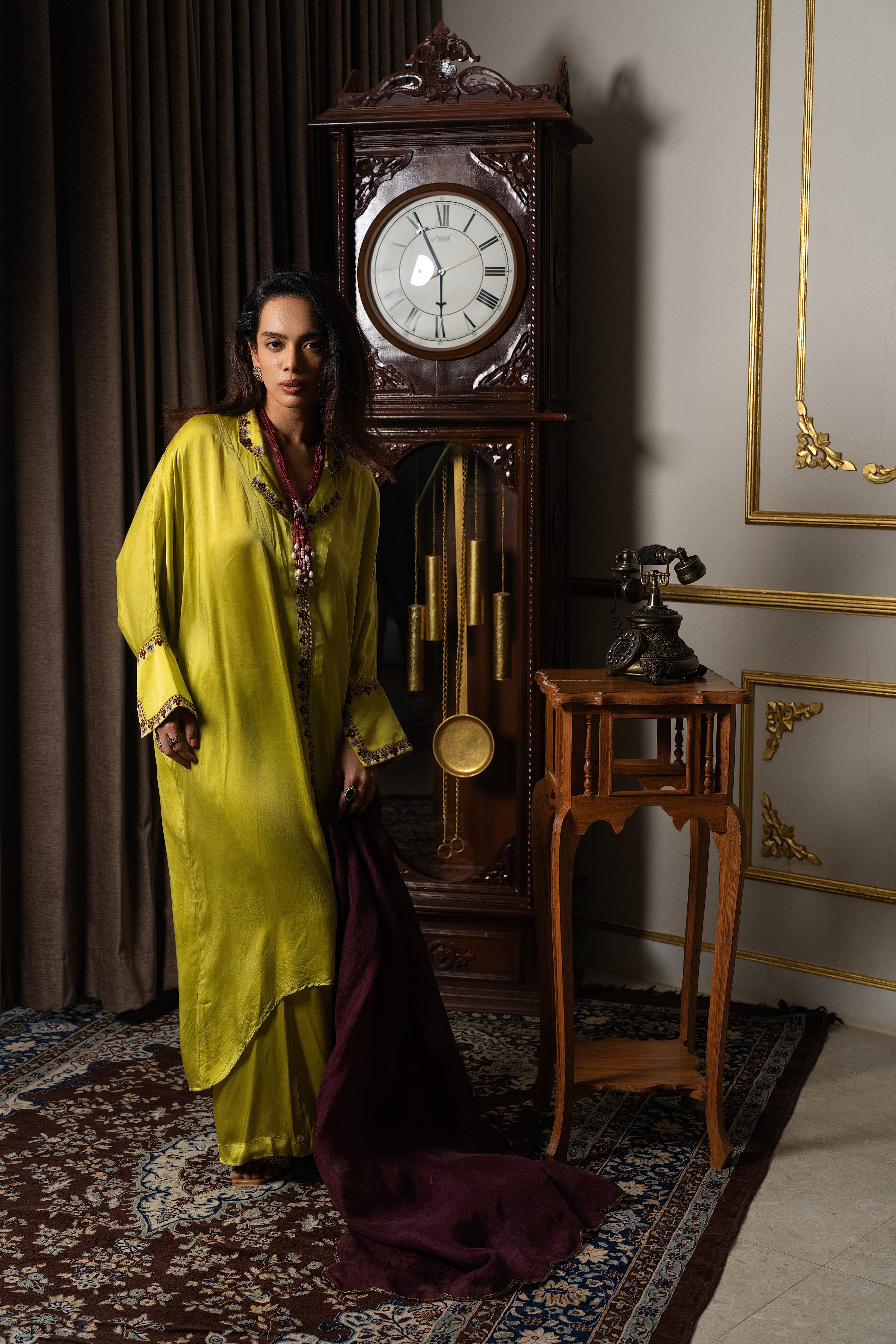Lime green silk kaftan tunic set.