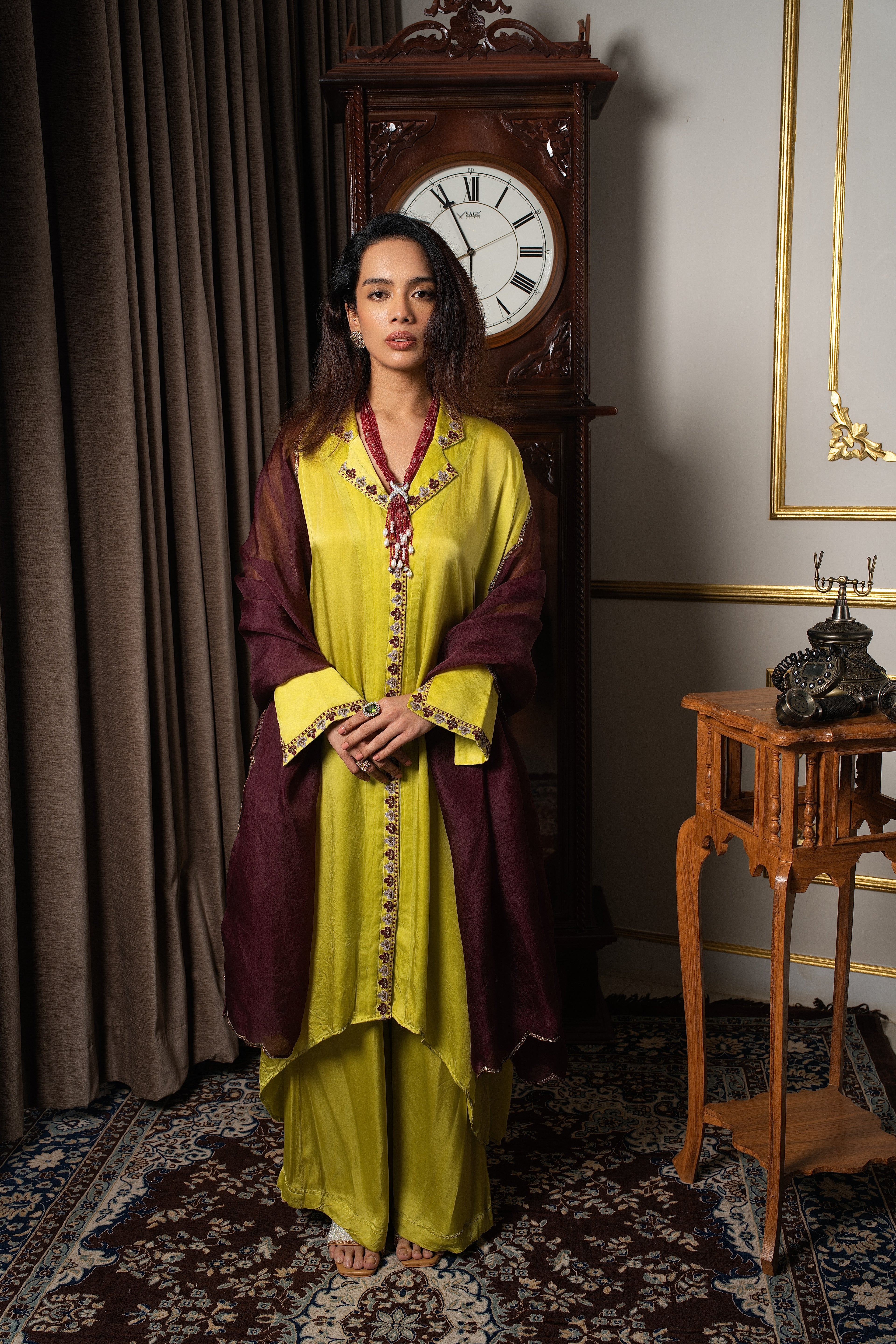 Lime green silk kaftan tunic set.
