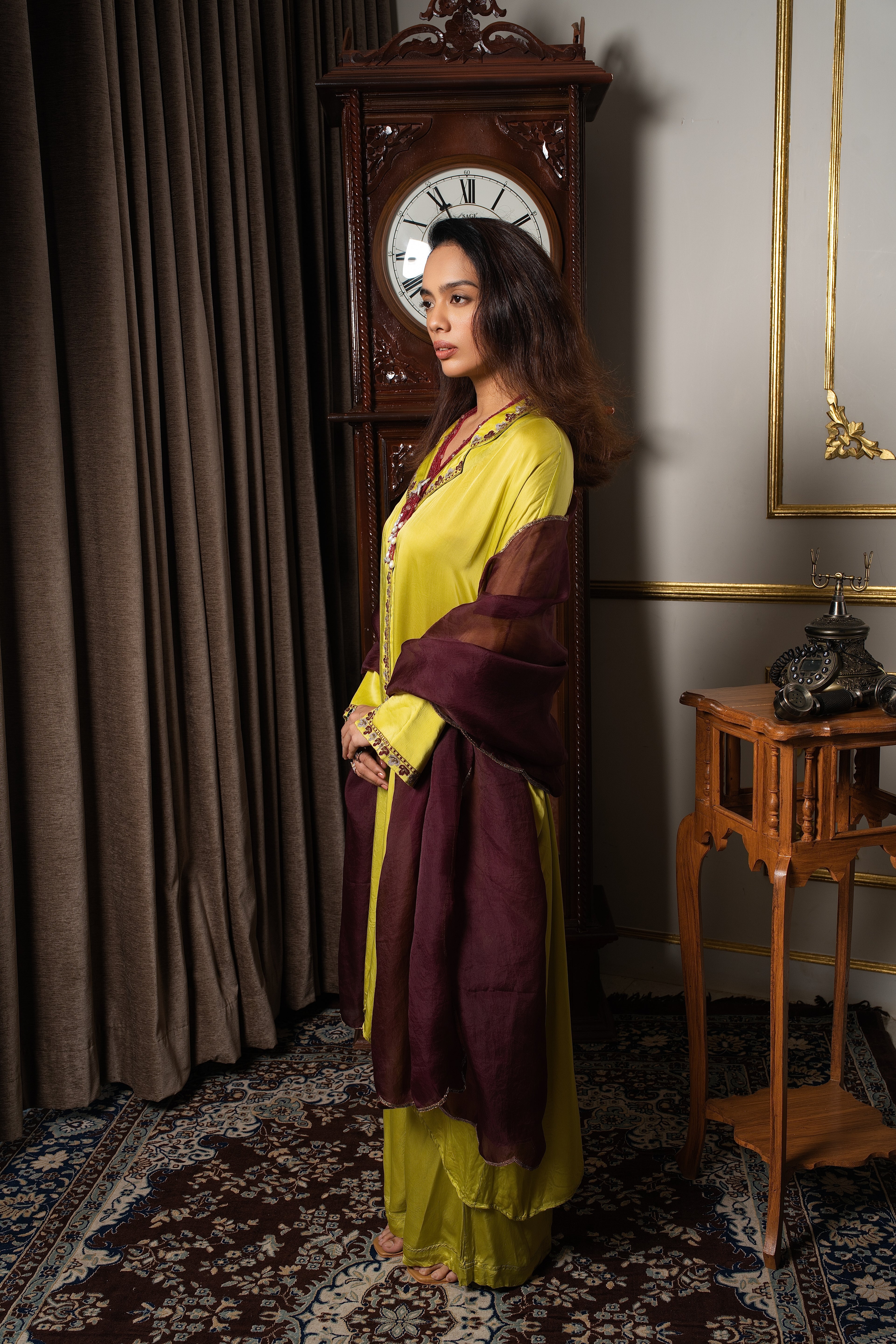 Lime green silk kaftan tunic set.