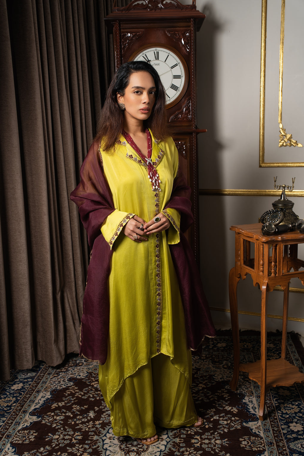 Lime green silk kaftan tunic set.