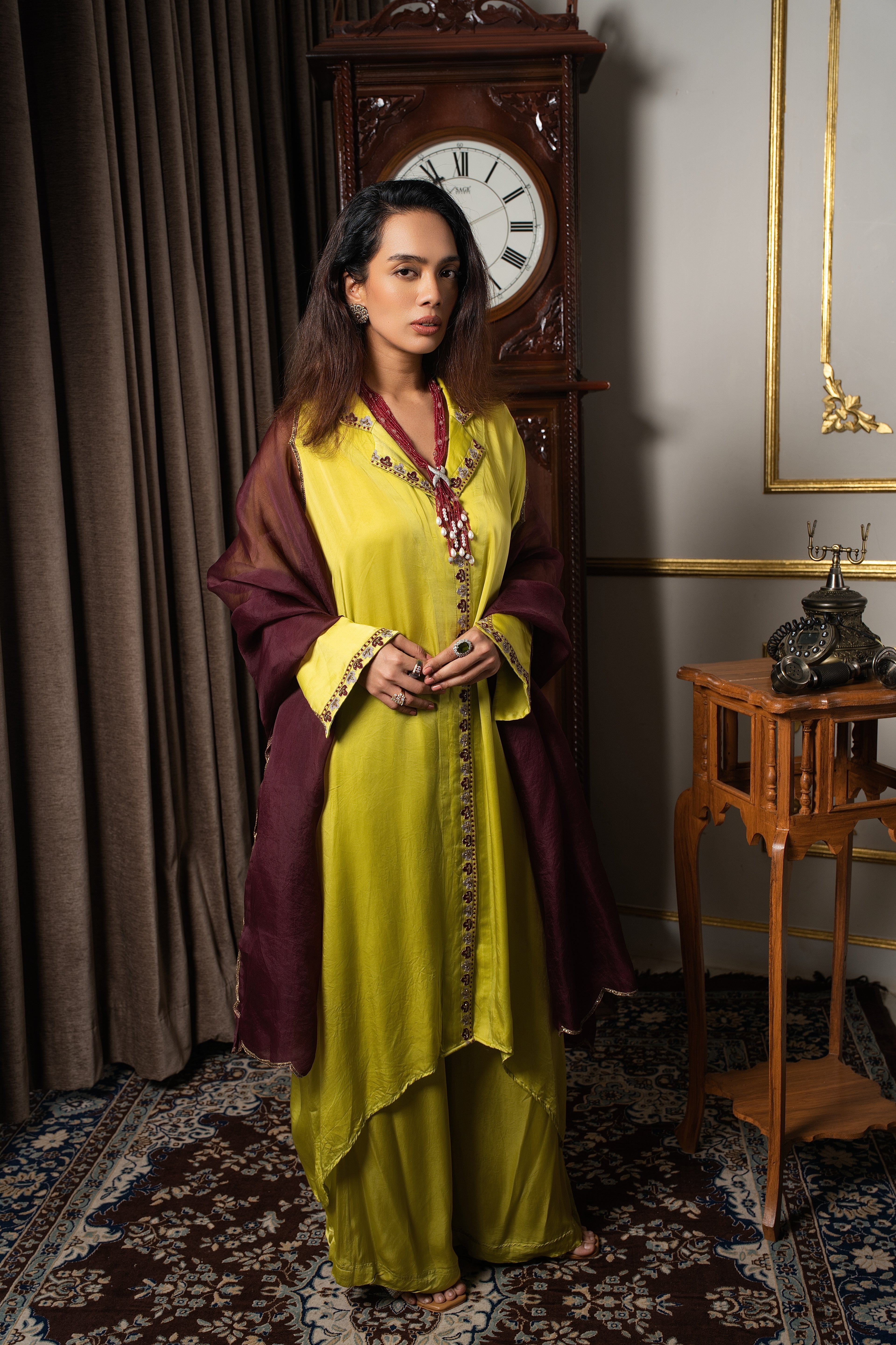 Lime green silk kaftan tunic set.