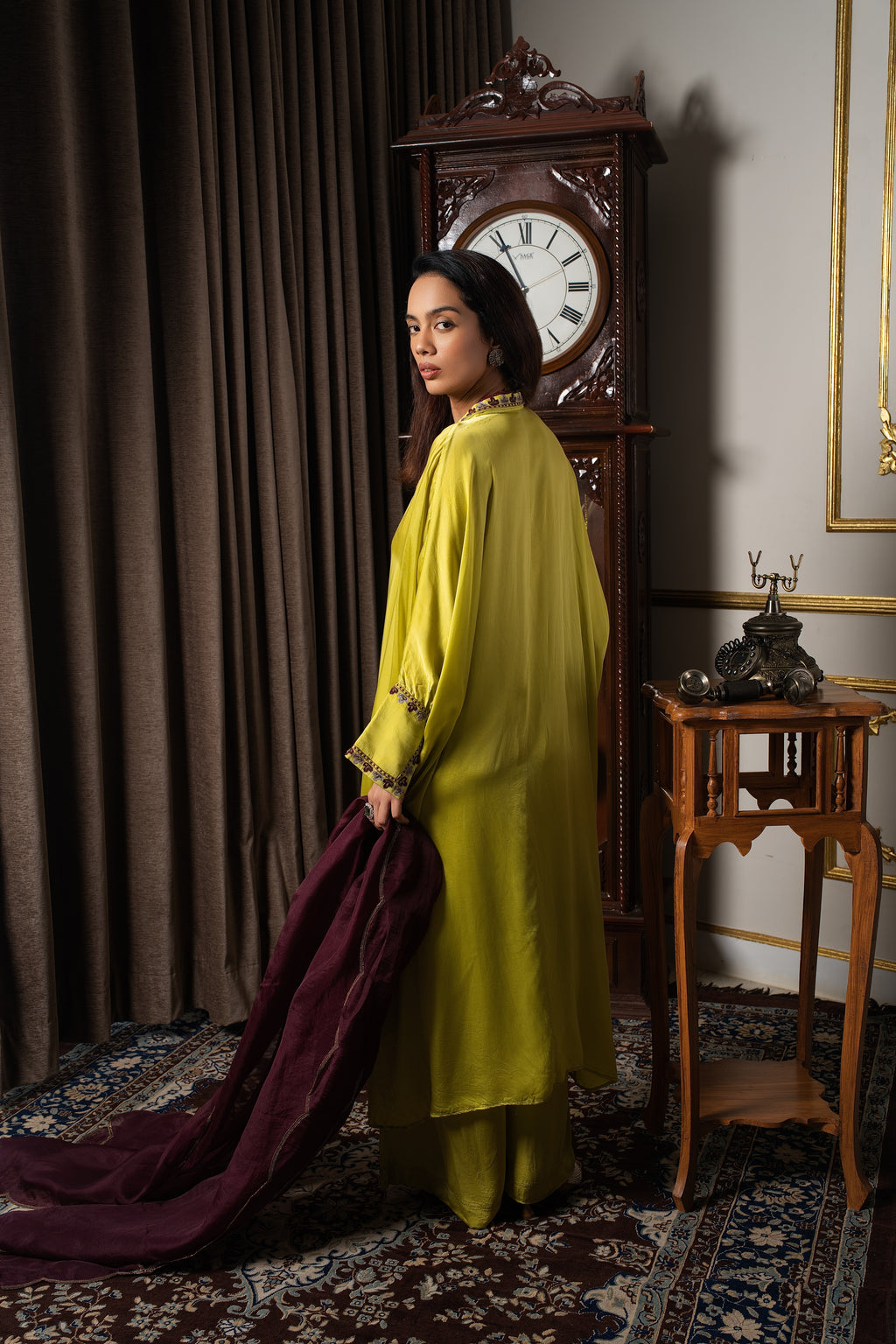 Lime green silk kaftan tunic set.