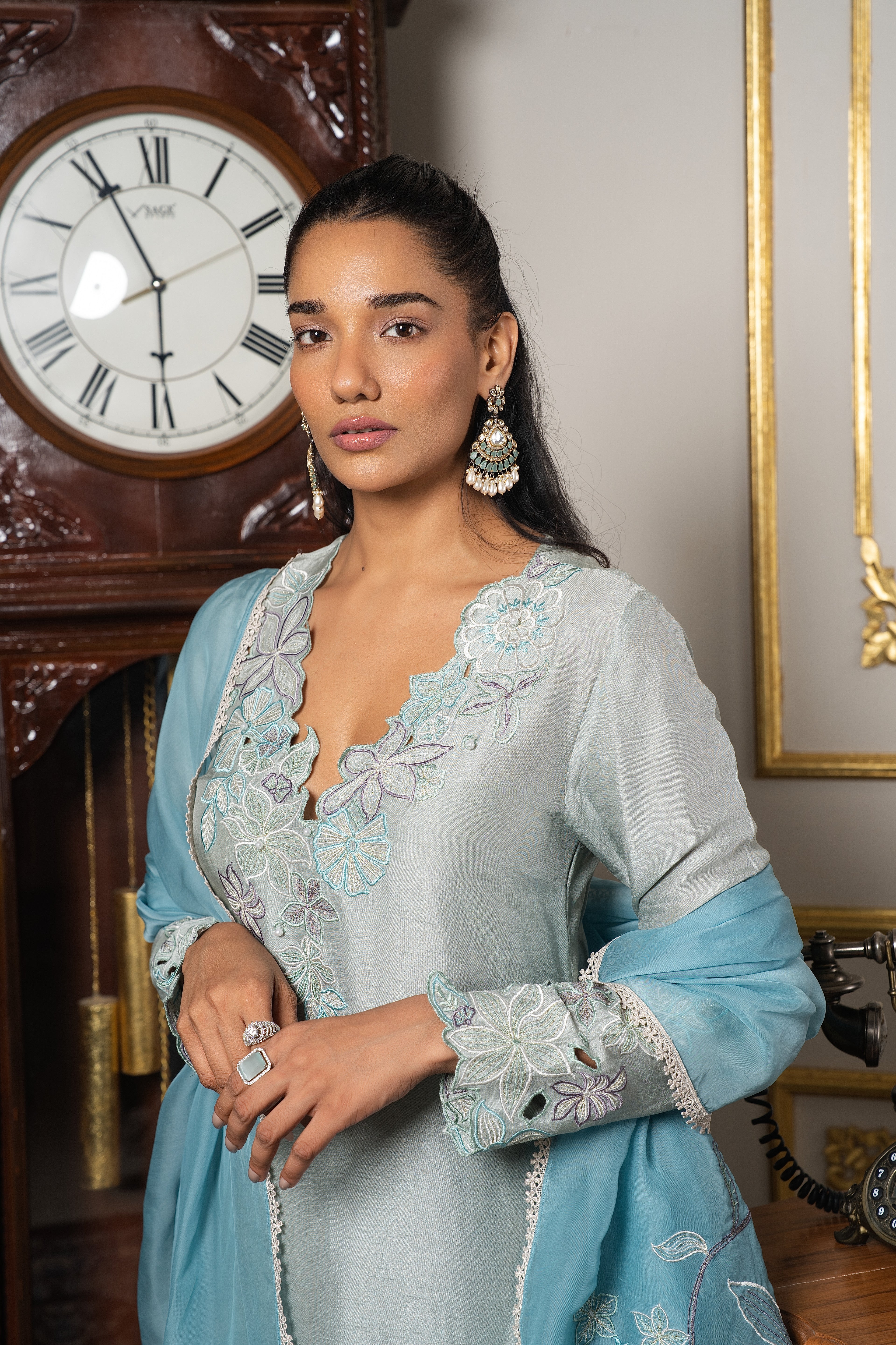 Sage blue & aqua blue contarst embriodered kurta set