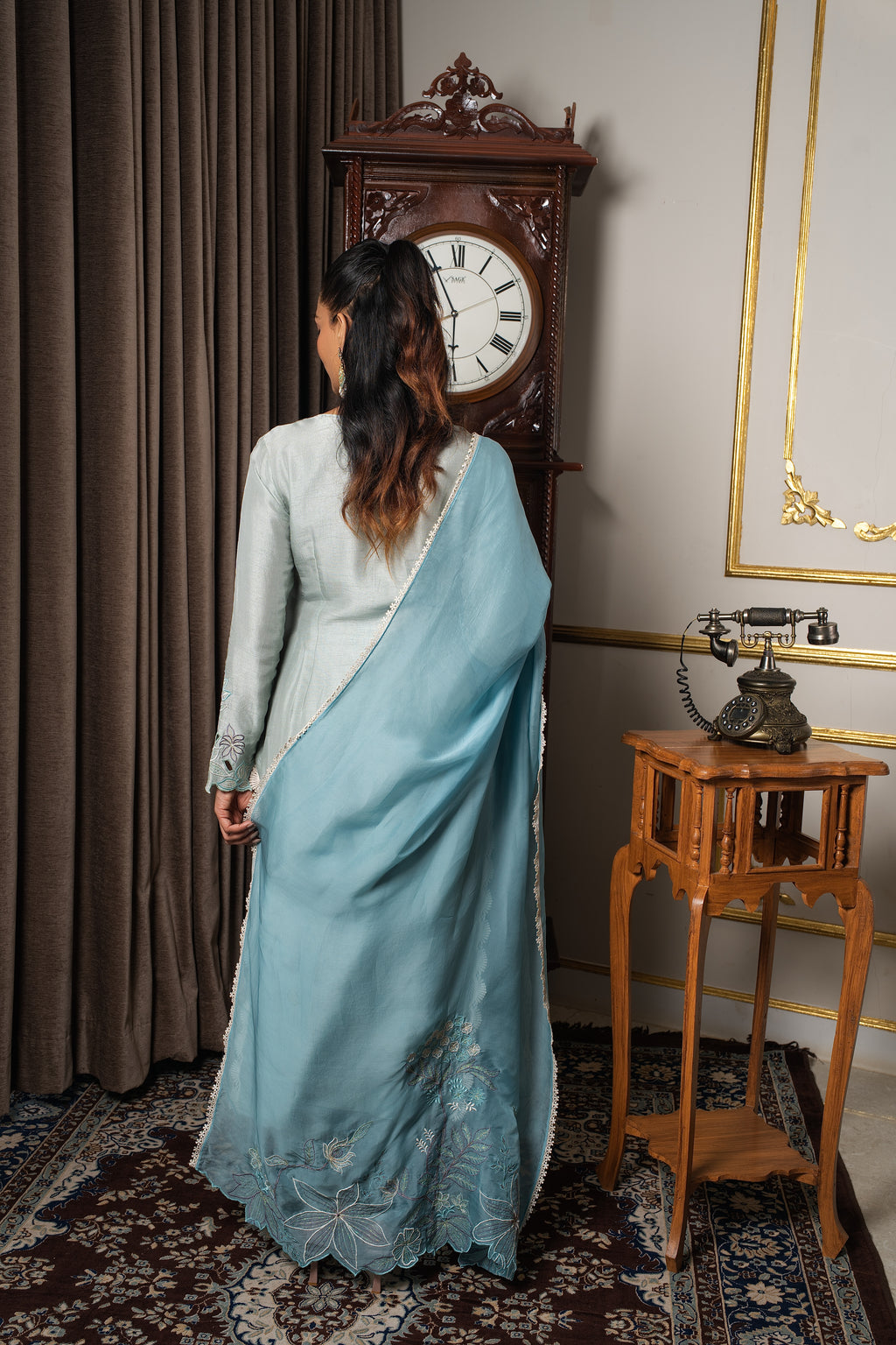 Sage blue & aqua blue contarst embriodered kurta set