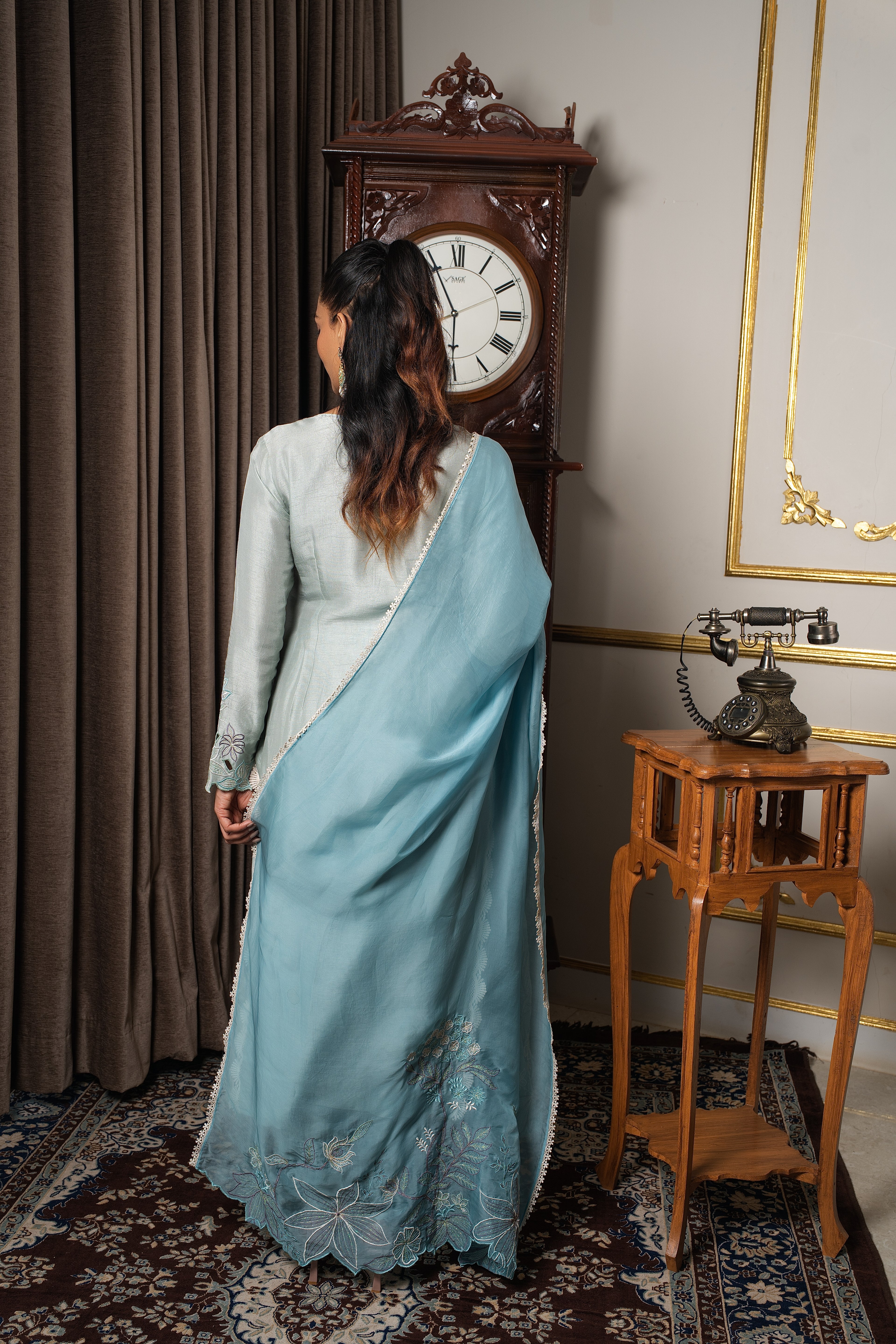 Sage blue & aqua blue contarst embriodered kurta set
