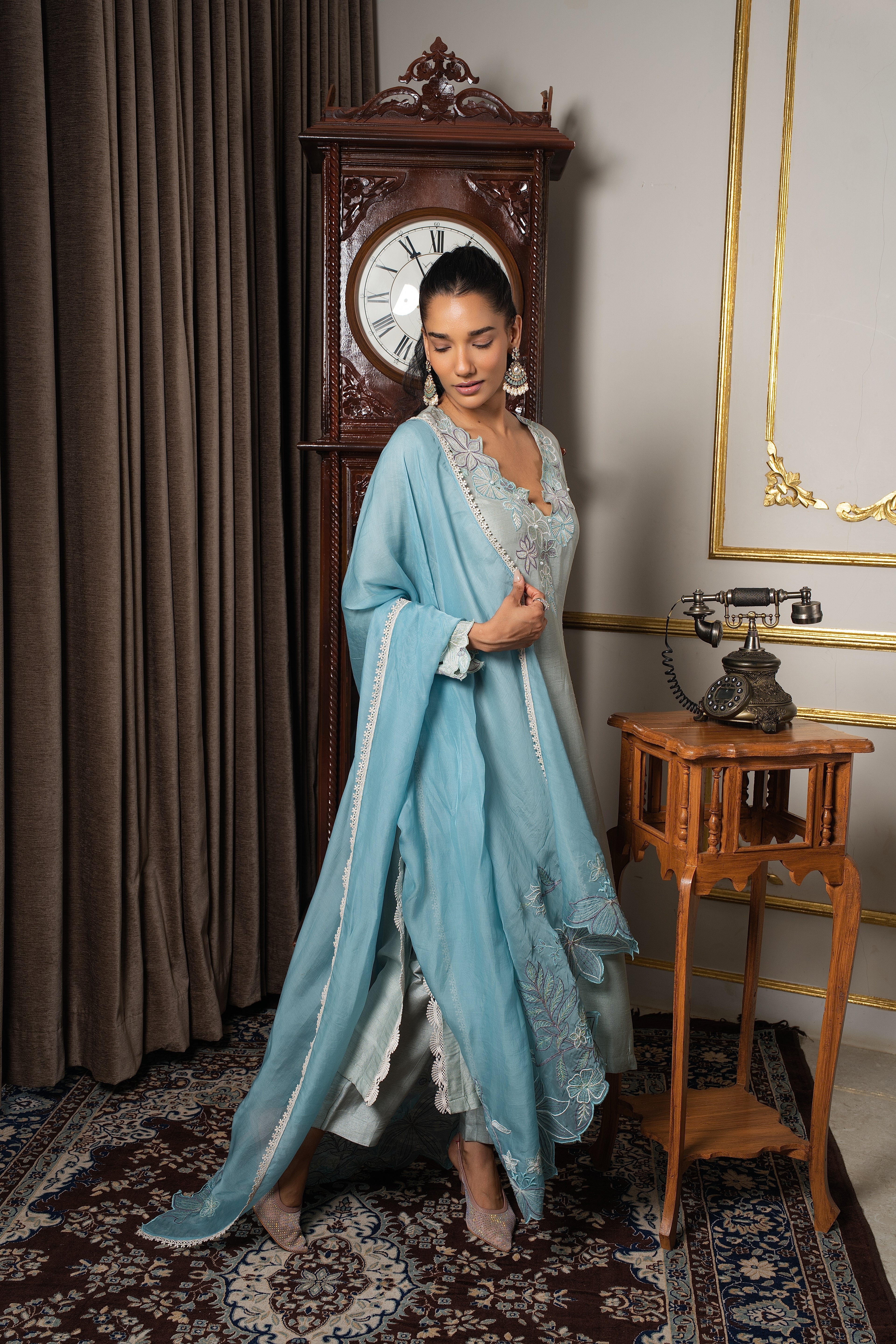 Sage blue & aqua blue contarst embriodered kurta set