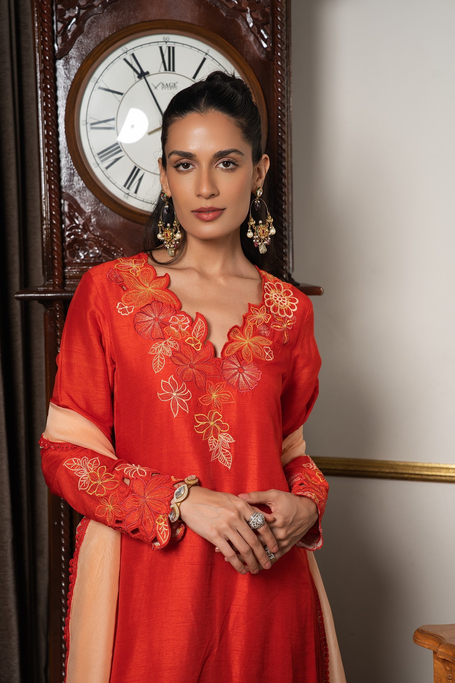 Burnt orange & peach embriodered kurta set