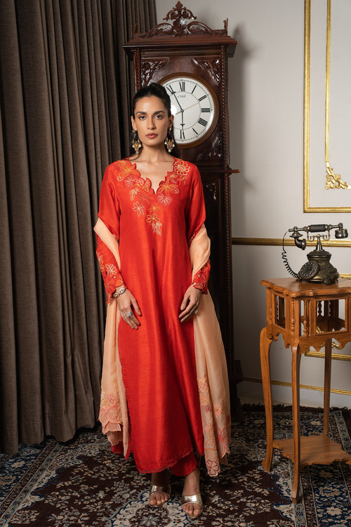 Burnt orange & peach embriodered kurta set