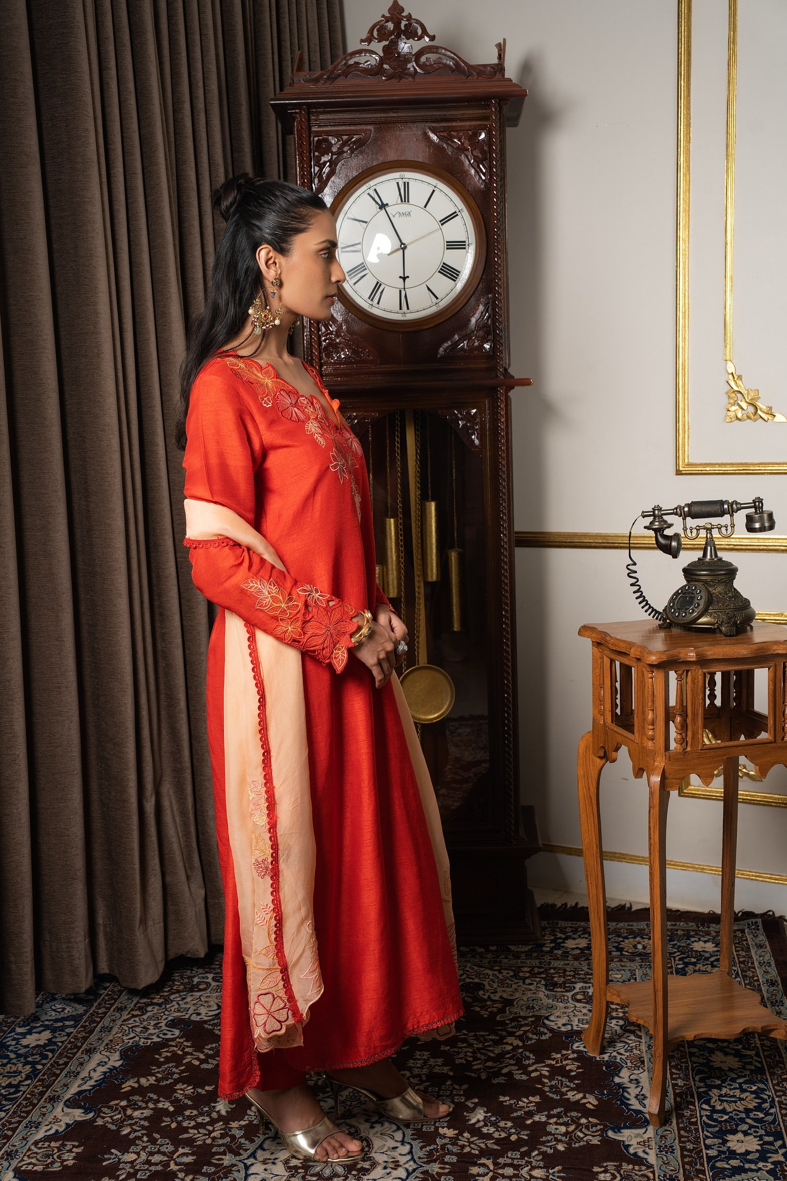 Burnt orange & peach embriodered kurta set