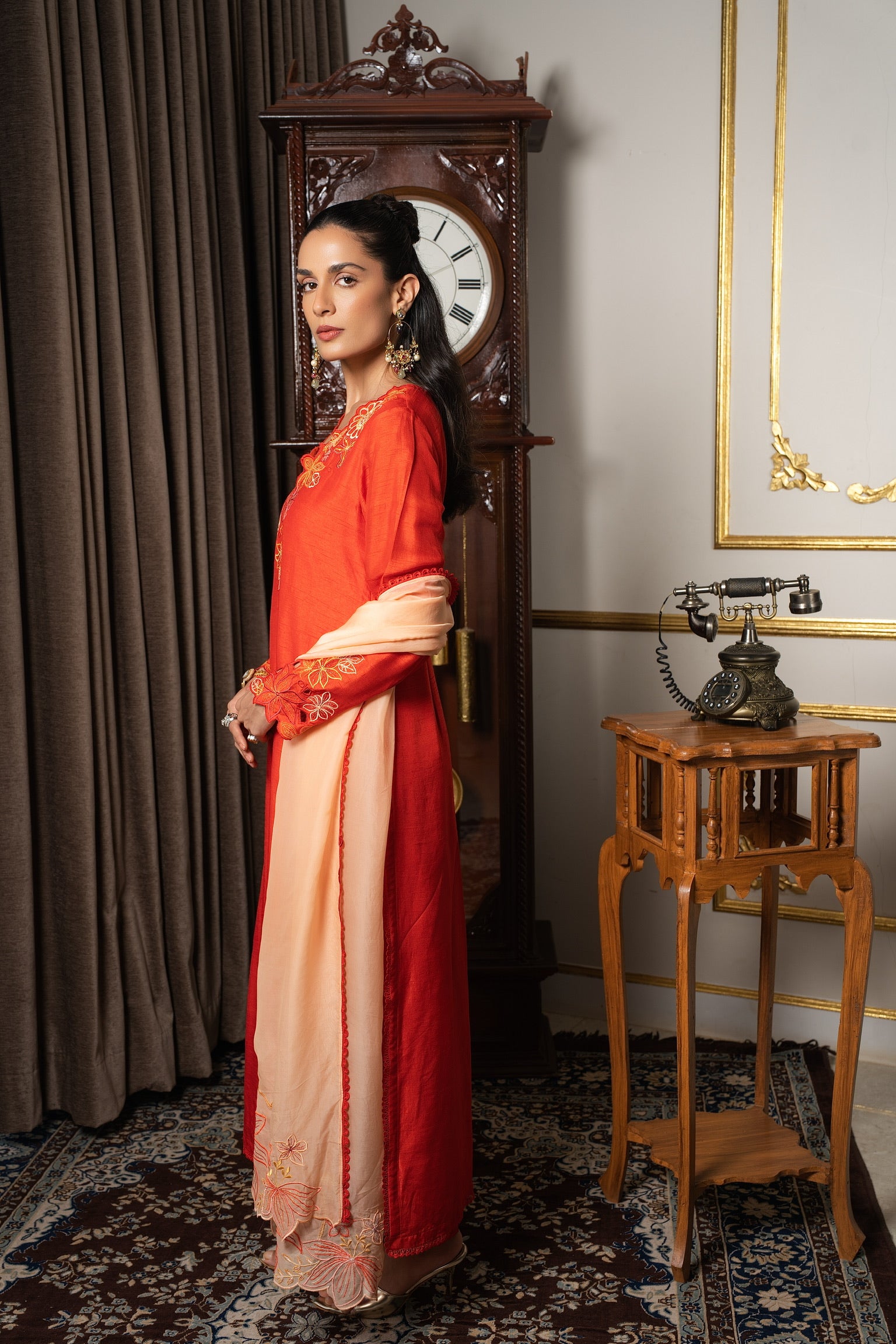 Burnt orange & peach embriodered kurta set