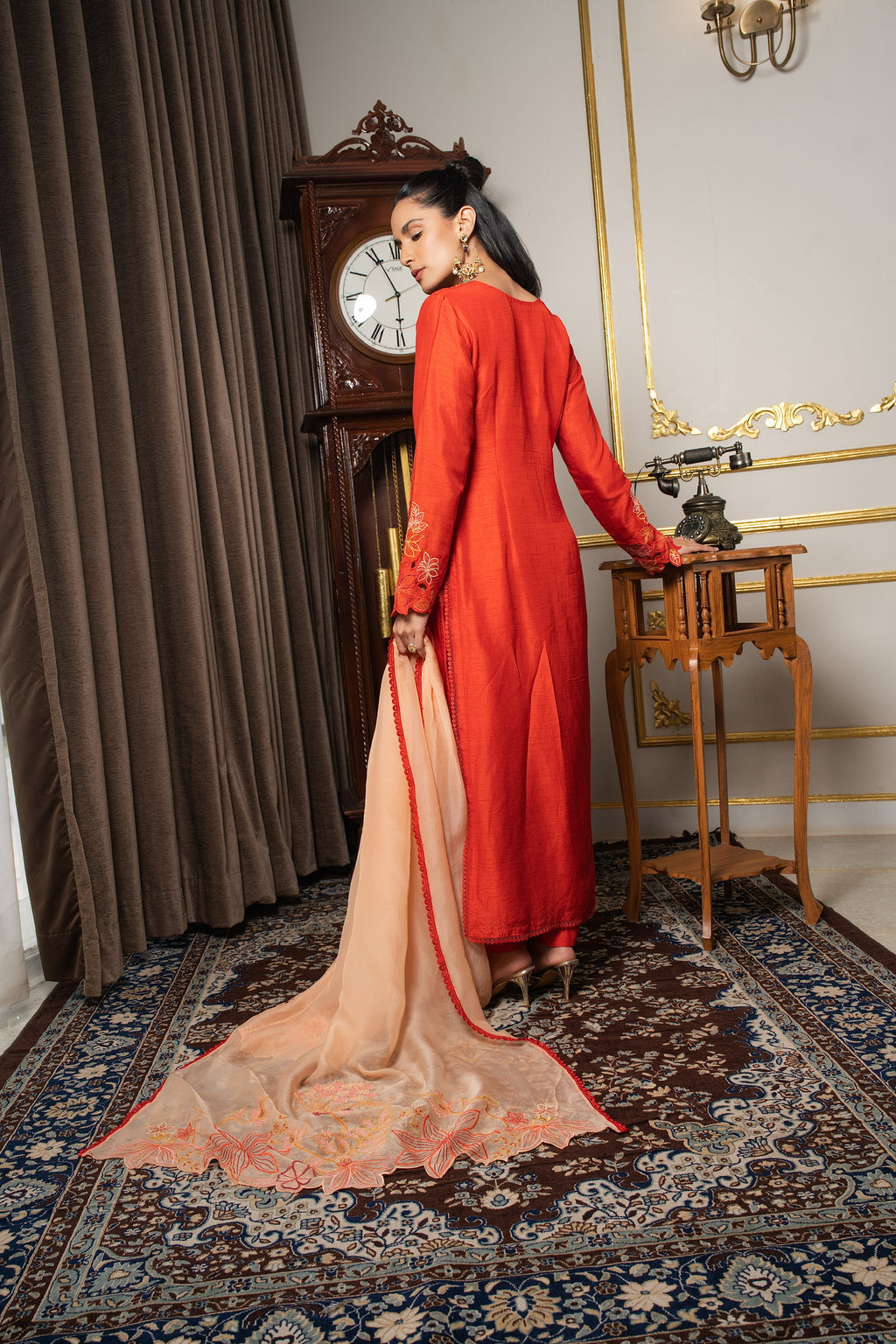 Burnt orange & peach embriodered kurta set
