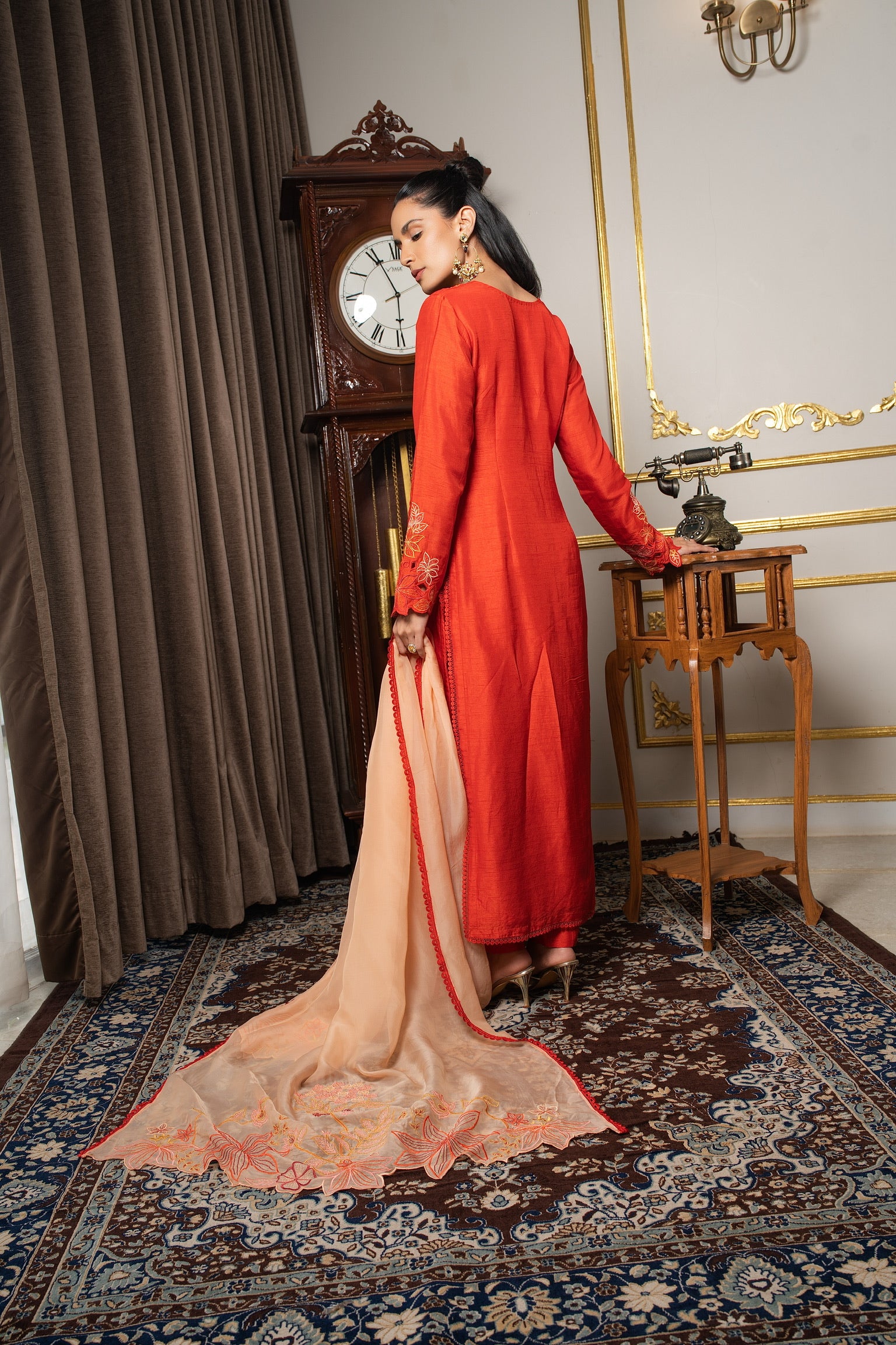 Burnt orange & peach embriodered kurta set