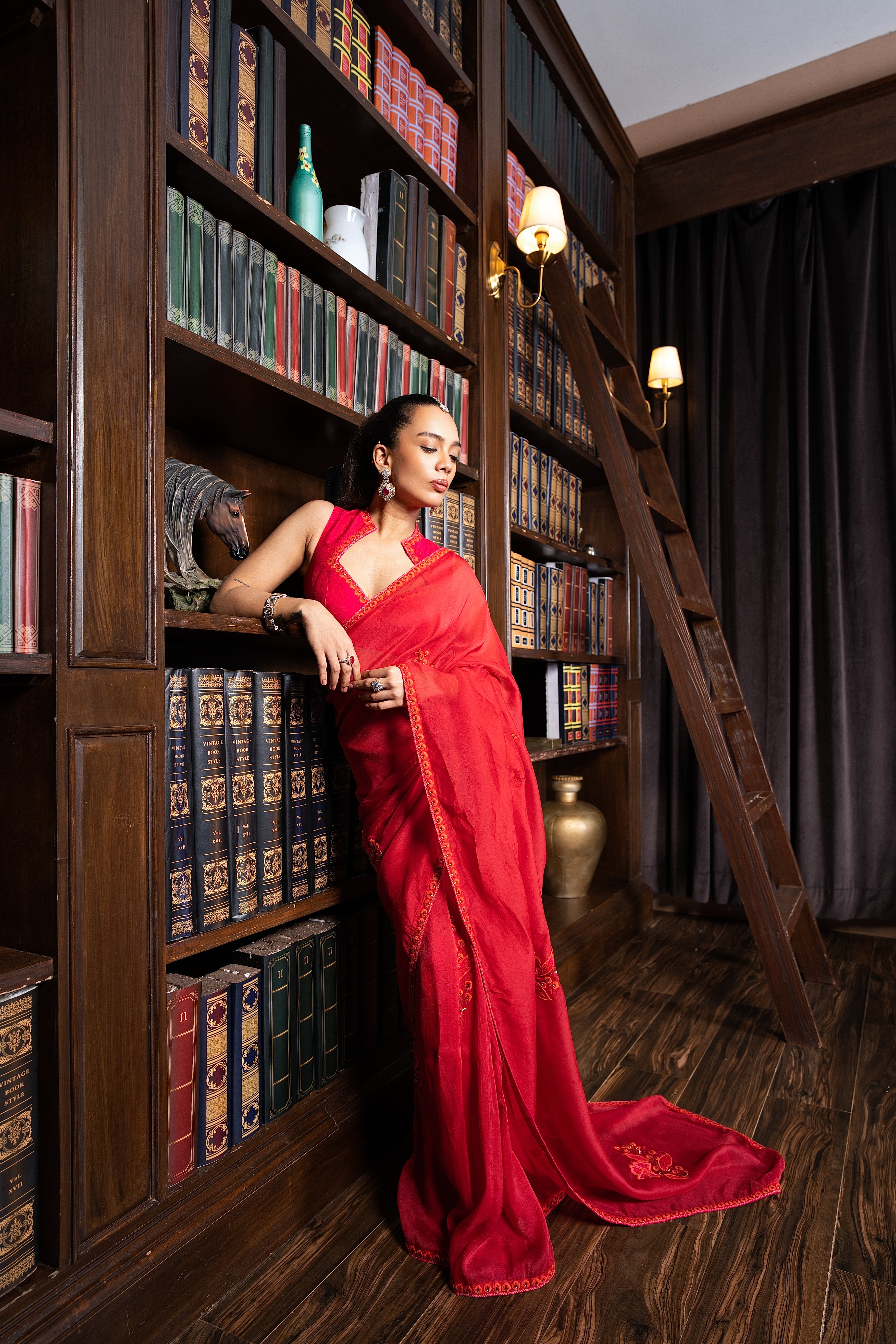 Scarlet red embriodered organza sari set