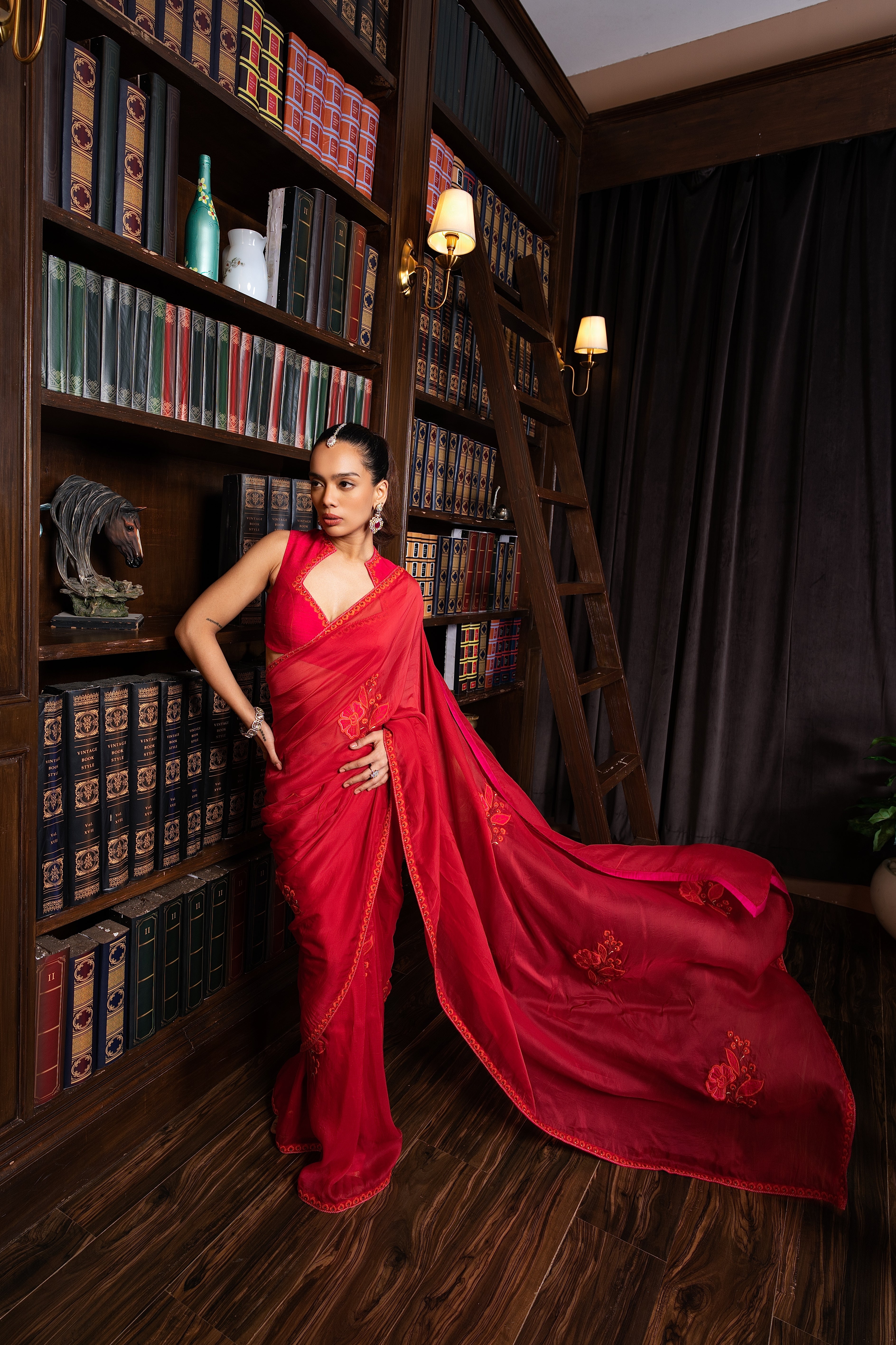 Scarlet red embriodered organza sari set