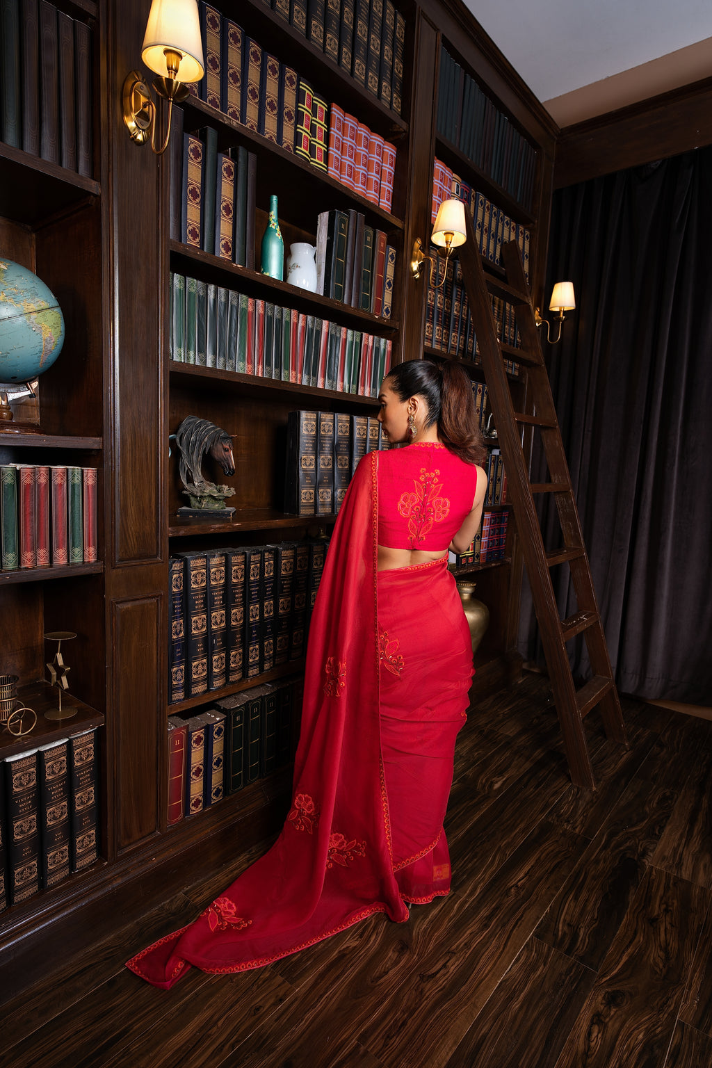 Scarlet red embriodered organza sari set