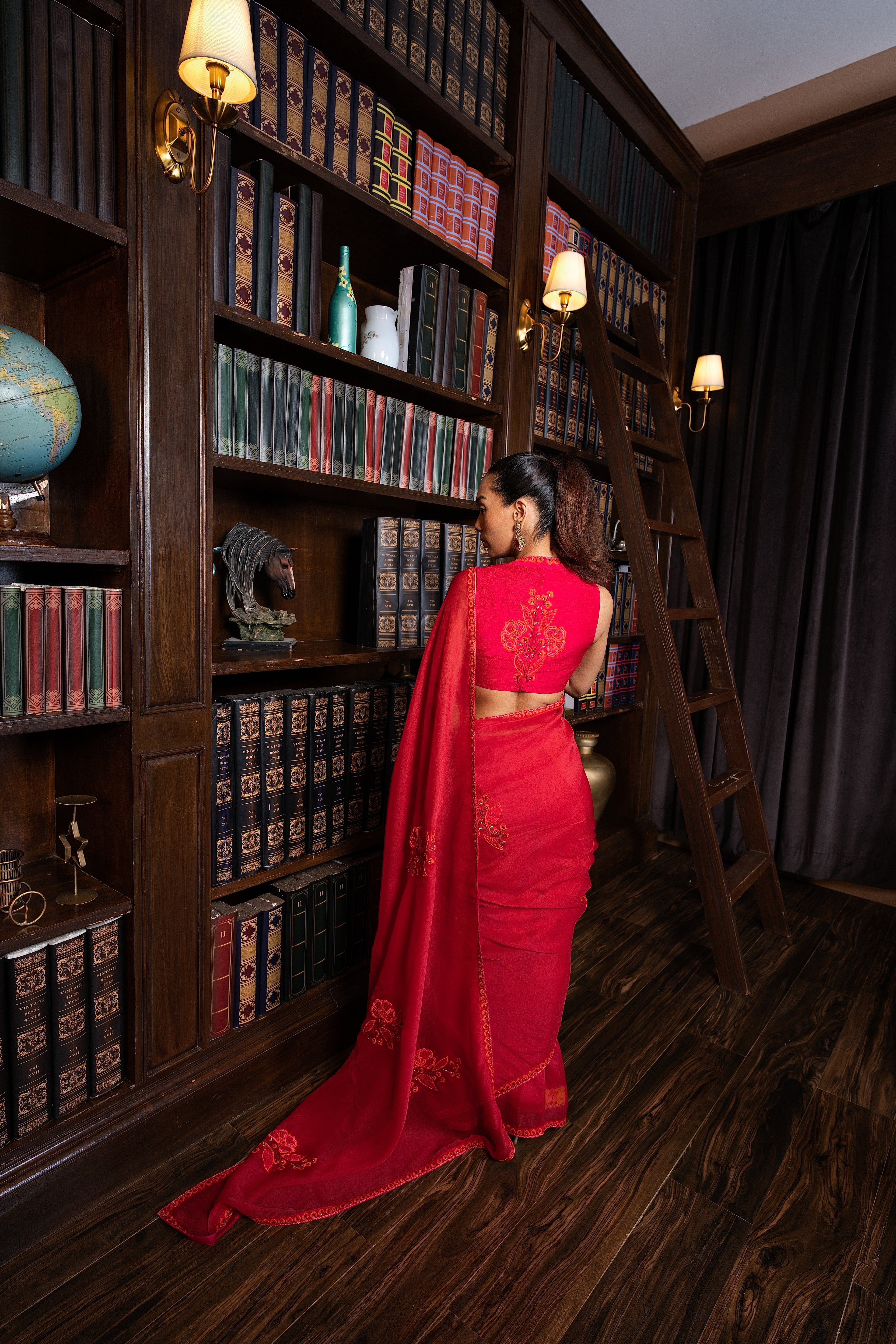 Scarlet red embriodered organza sari set