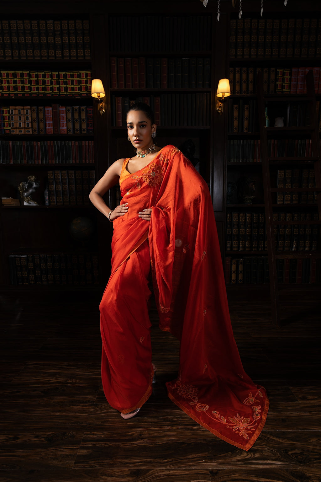 Burnt Orange embriodered organza sari set.