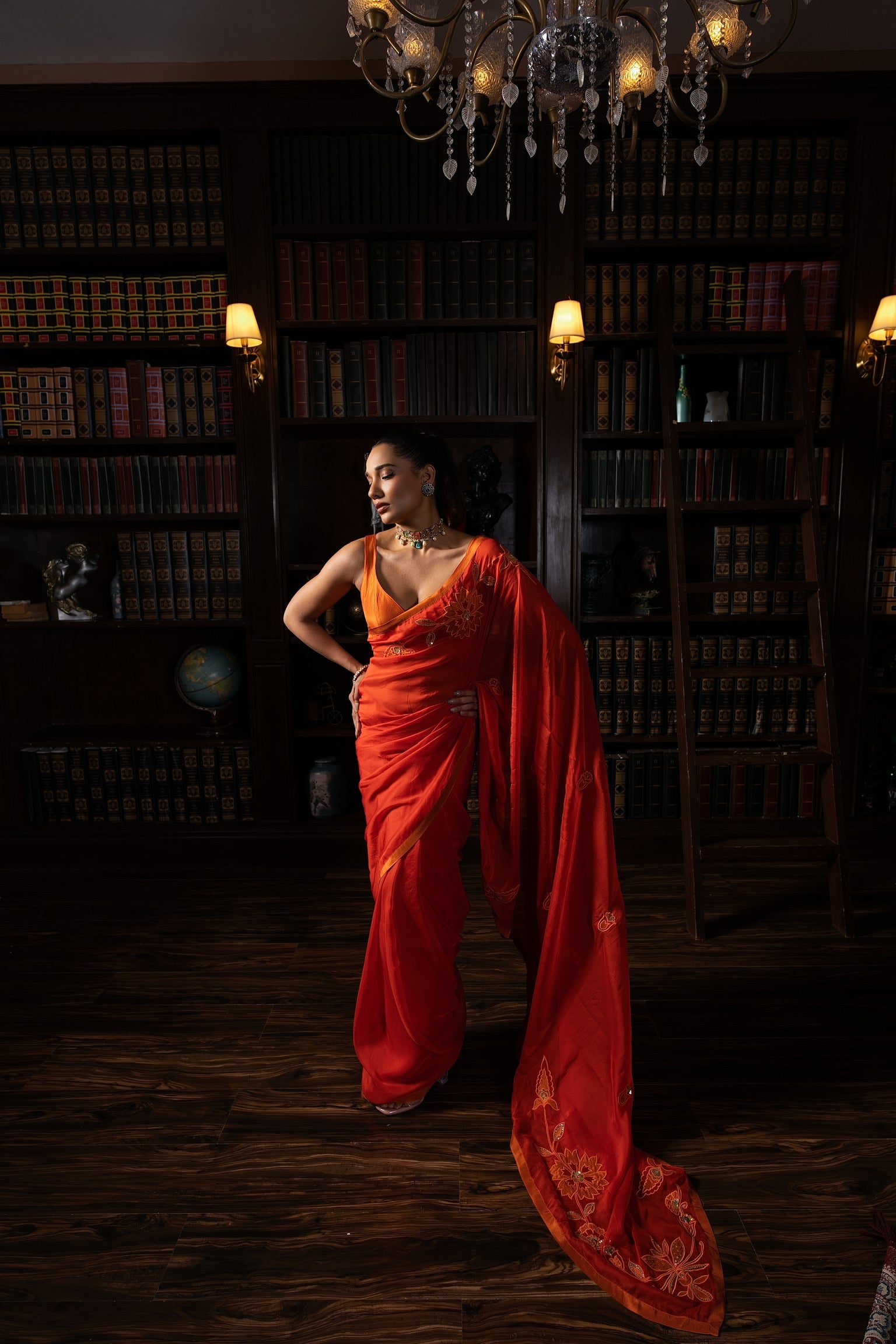 Burnt Orange embriodered organza sari set.