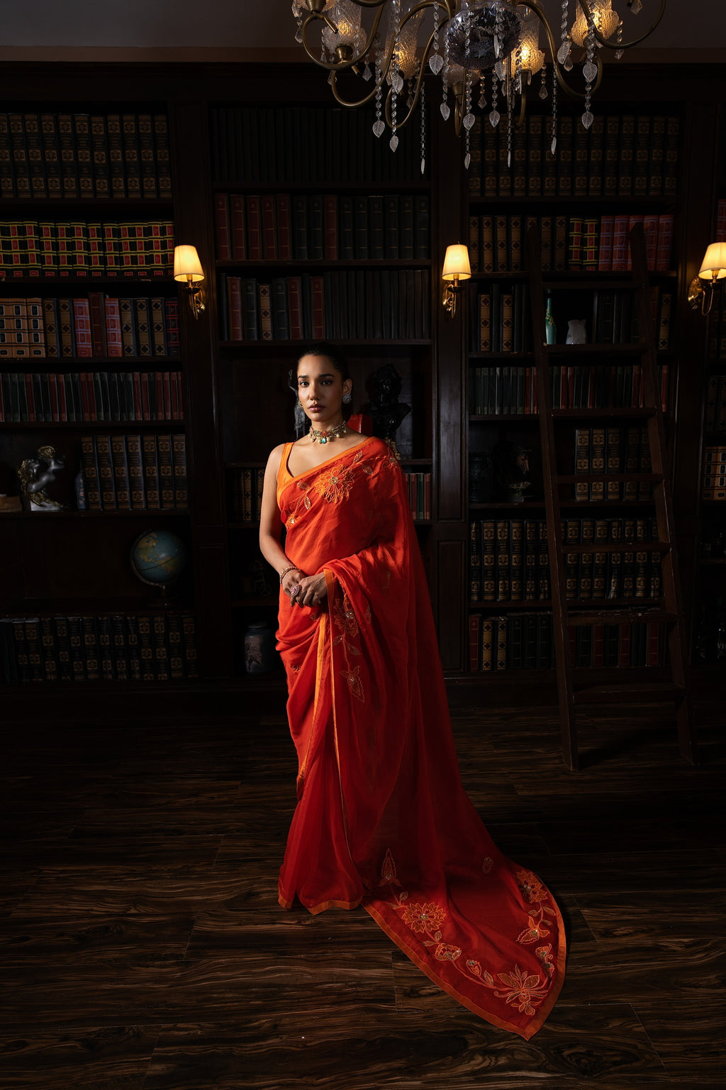 Burnt Orange embriodered organza sari set.
