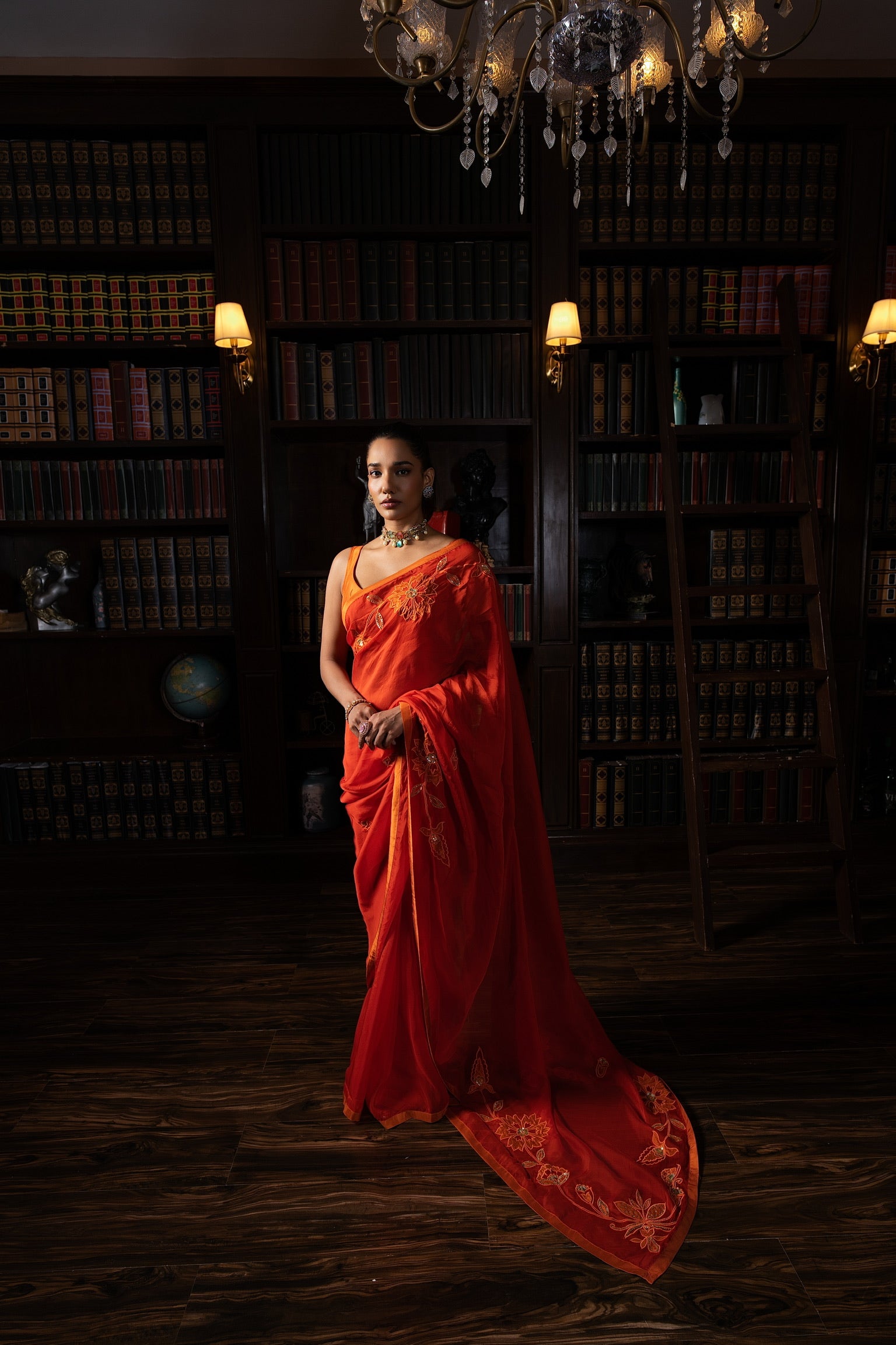 Burnt Orange embriodered organza sari set.
