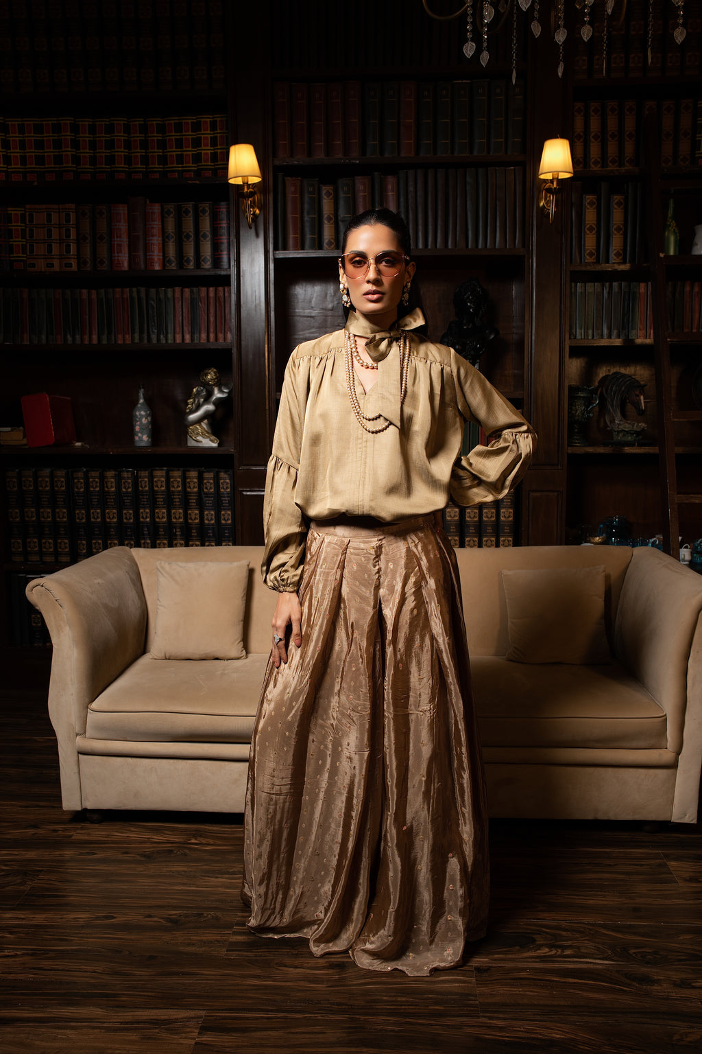 Beige silk tunic top set