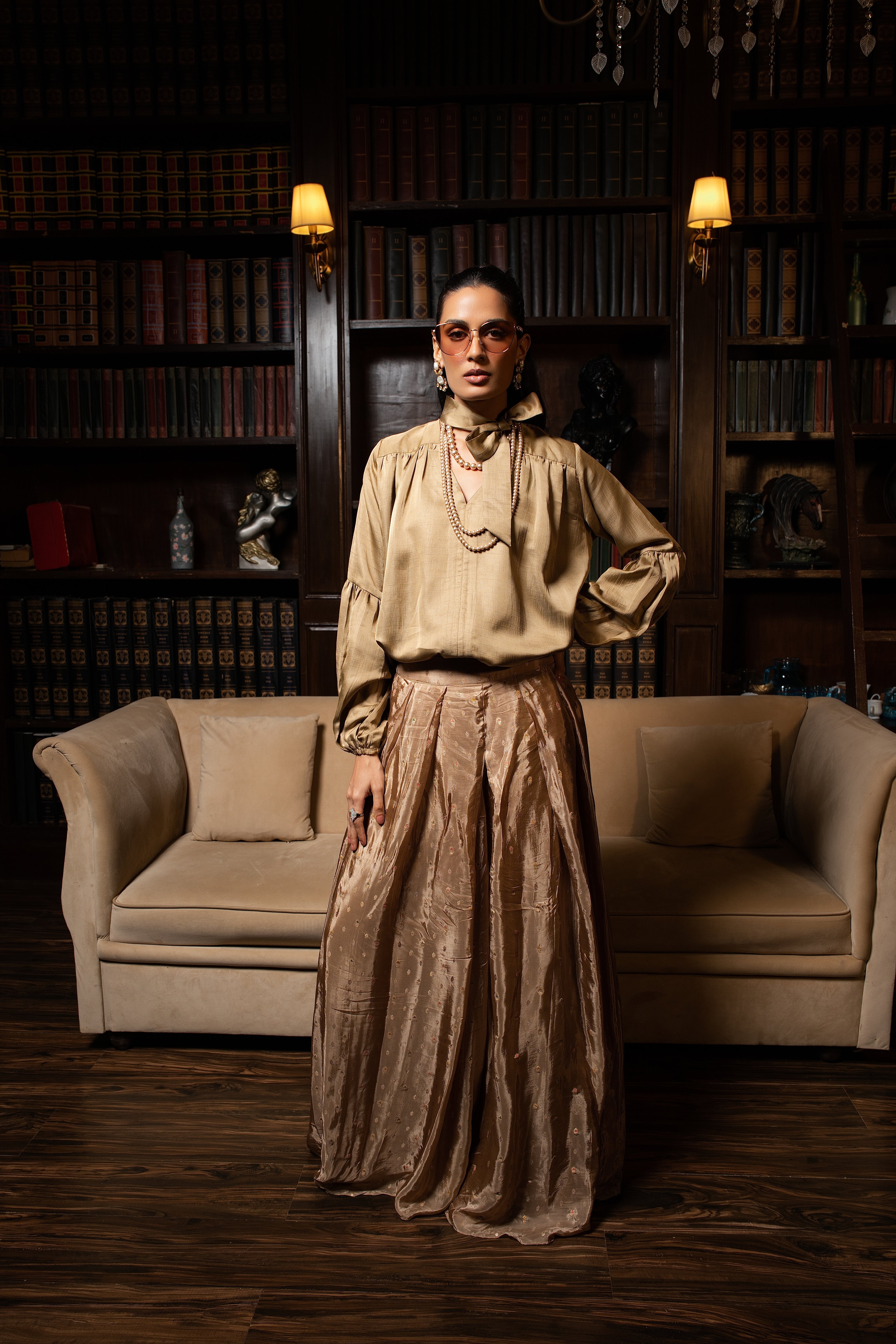 Beige silk tunic top set
