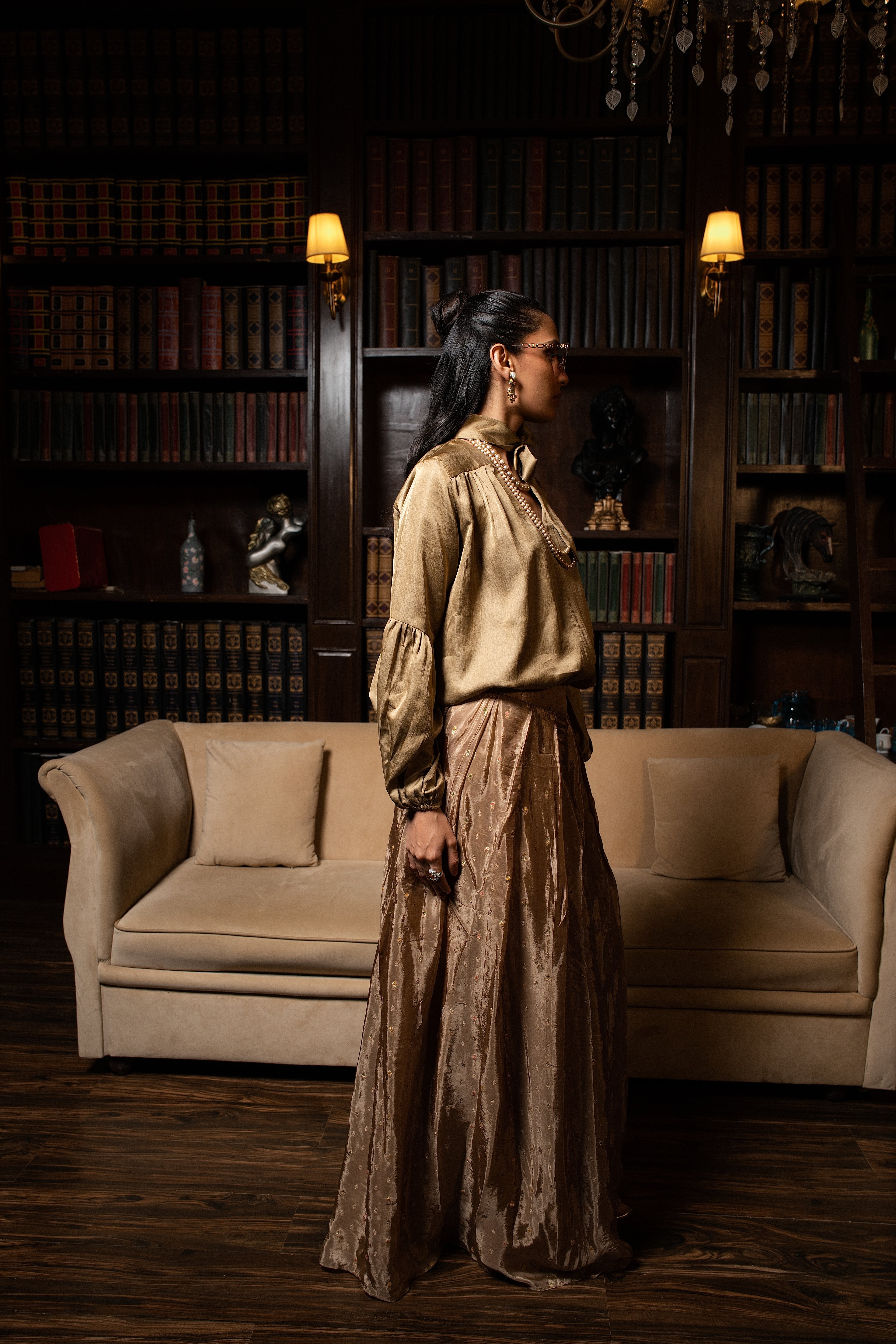 Beige silk tunic top set